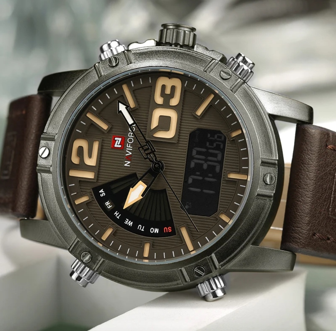 Naviforce 9095 Two Time Gents Belt Watch- Coffee Dial with Yellow Markings- Grey Bezel- Chocolate Belt- TF Code NF858BM_img_2