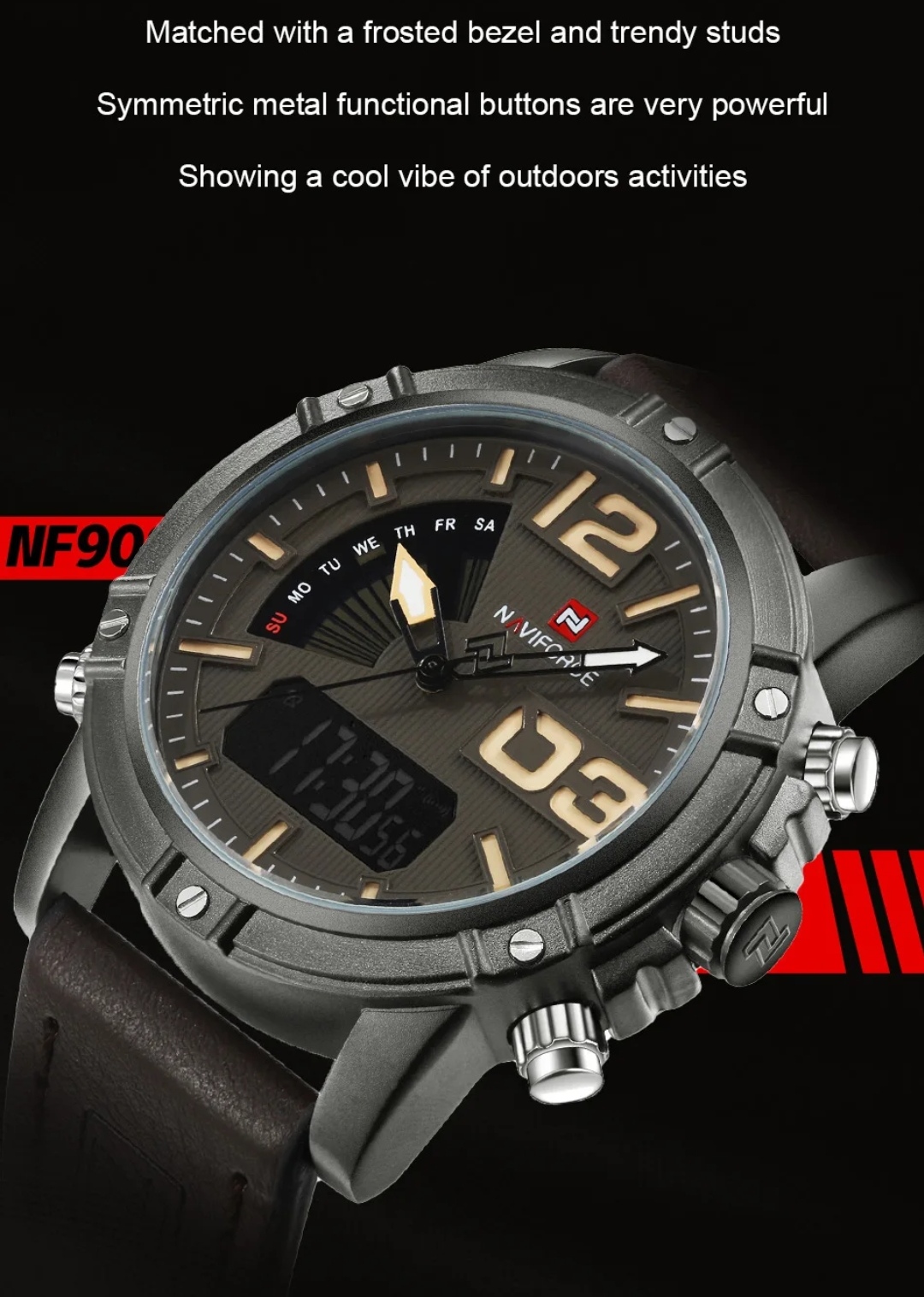 Naviforce 9095 Two Time Gents Belt Watch- Coffee Dial with Yellow Markings- Grey Bezel- Chocolate Belt- TF Code NF858BM_img_4