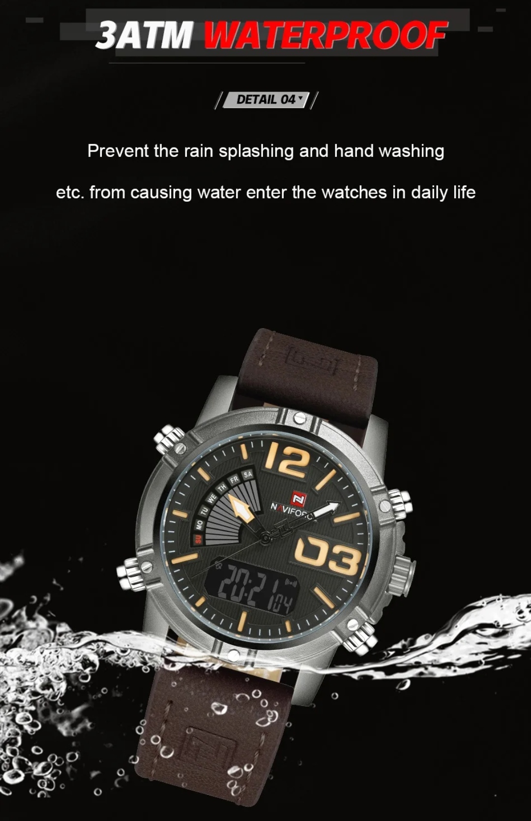 Naviforce 9095 Two Time Gents Belt Watch- Coffee Dial with Yellow Markings- Grey Bezel- Chocolate Belt- TF Code NF858BM_img_5