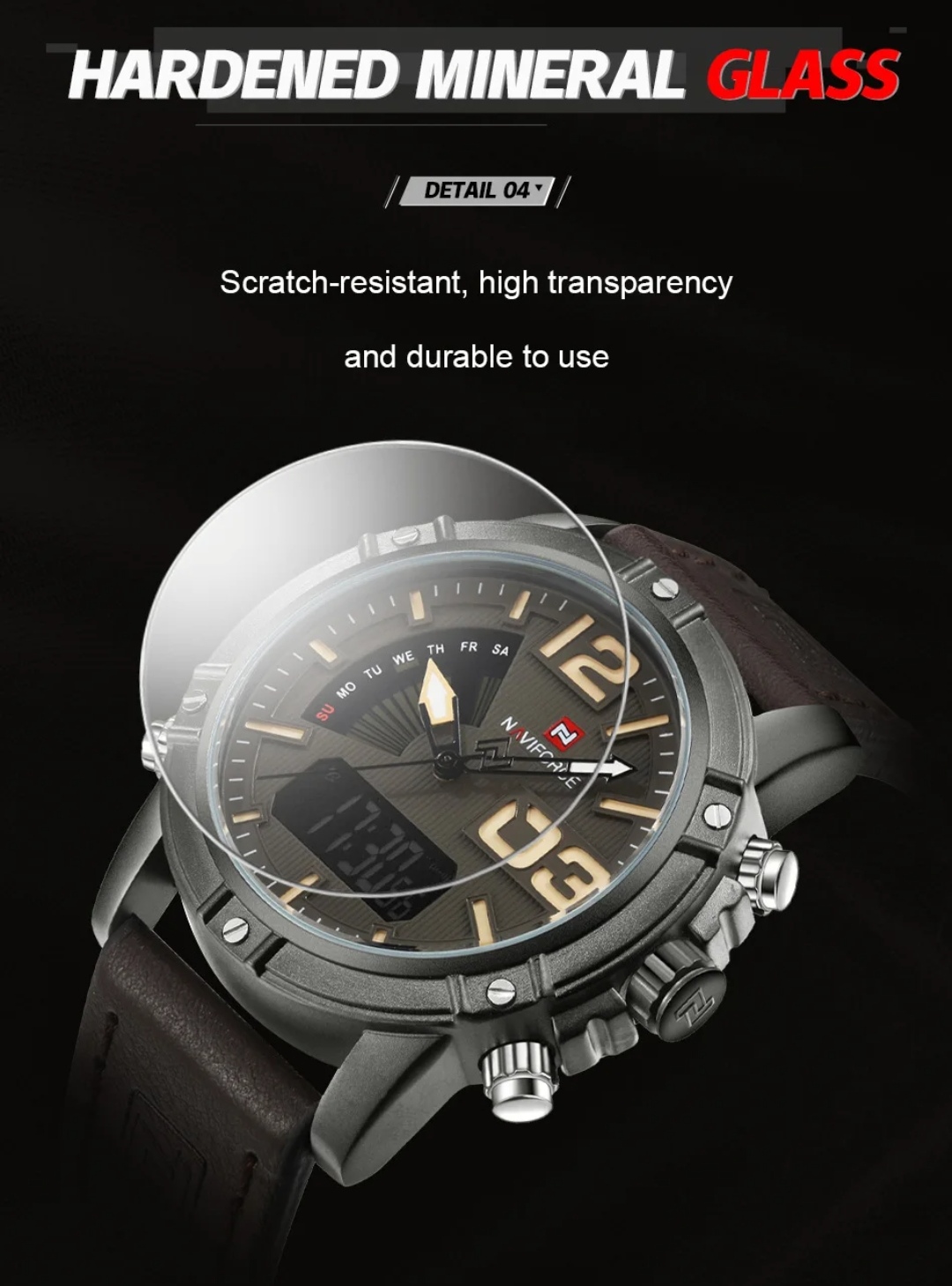 Naviforce 9095 Two Time Gents Belt Watch- Coffee Dial with Yellow Markings- Grey Bezel- Chocolate Belt- TF Code NF858BM_img_7