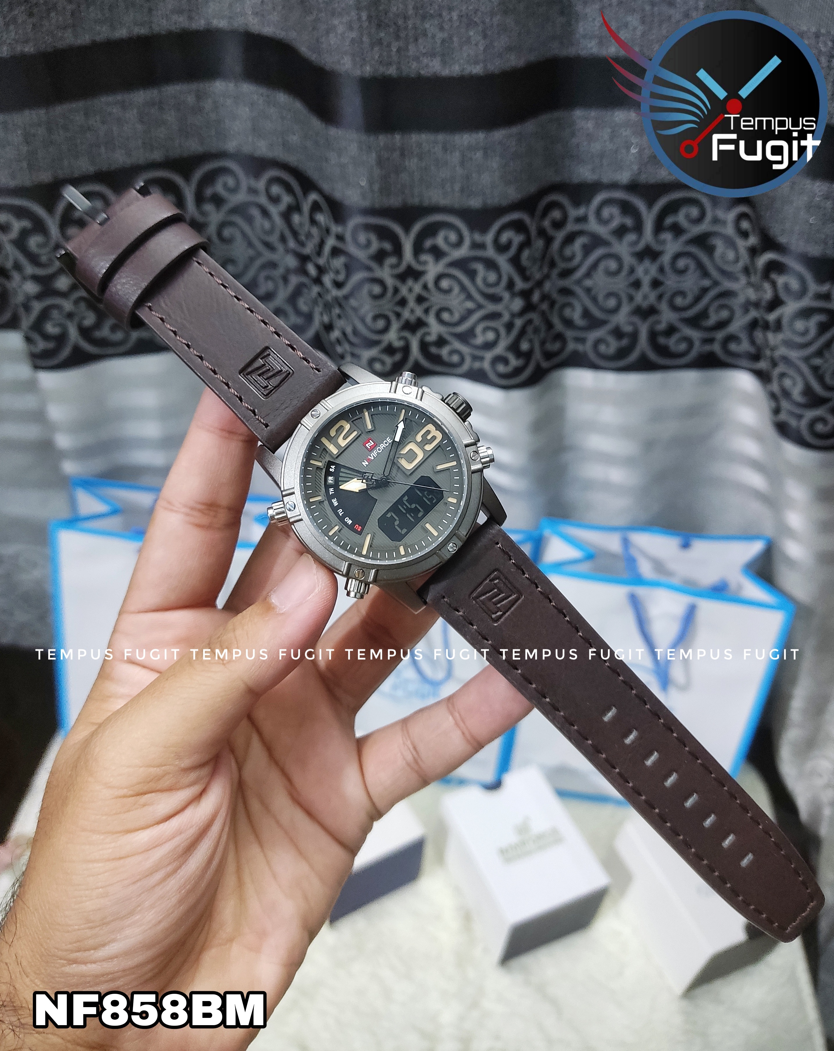 Naviforce 9095 Two Time Gents Belt Watch- Coffee Dial with Yellow Markings- Grey Bezel- Chocolate Belt- TF Code NF858BM_img_9