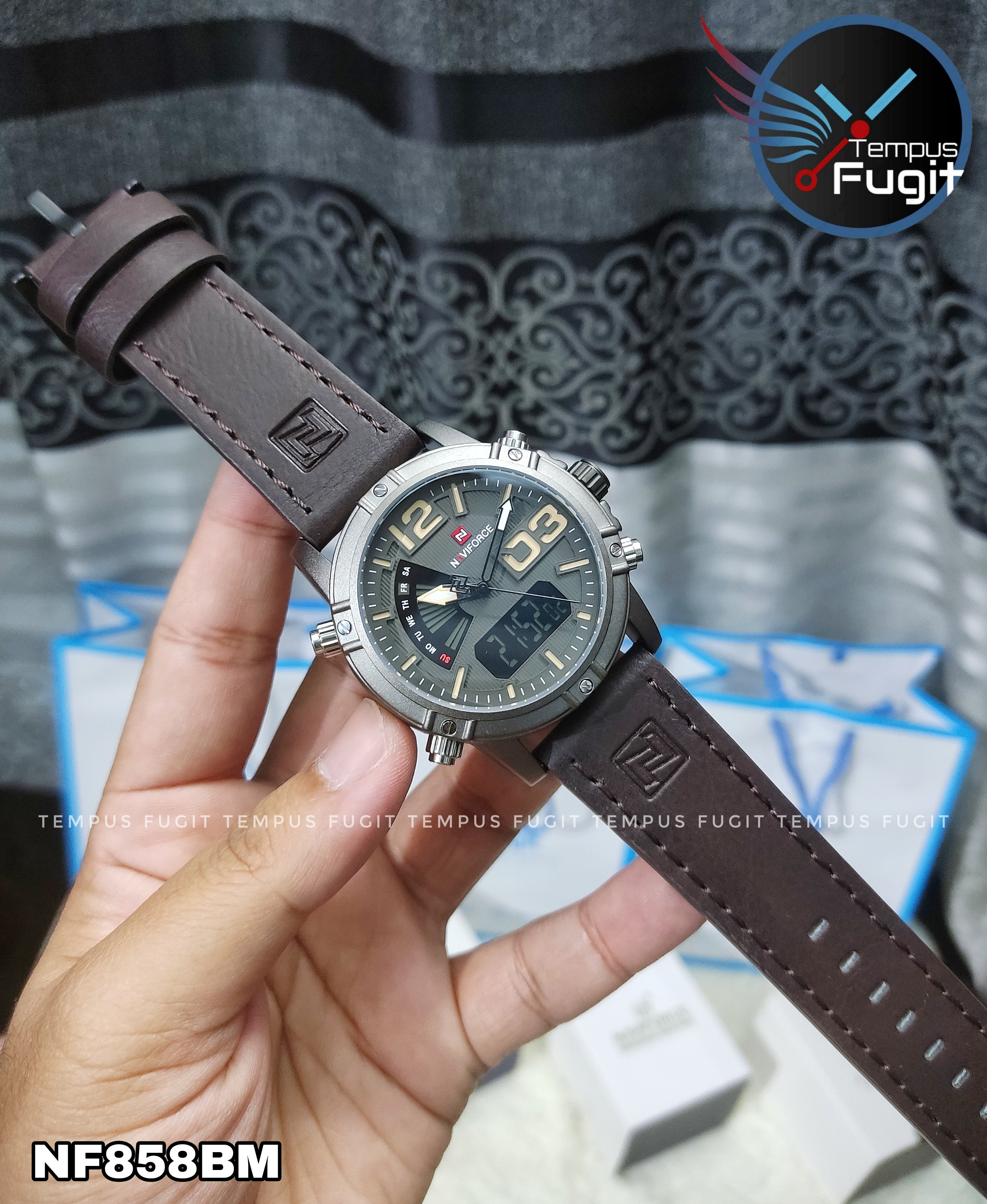 Naviforce 9095 Two Time Gents Belt Watch- Coffee Dial with Yellow Markings- Grey Bezel- Chocolate Belt- TF Code NF858BM_img_10