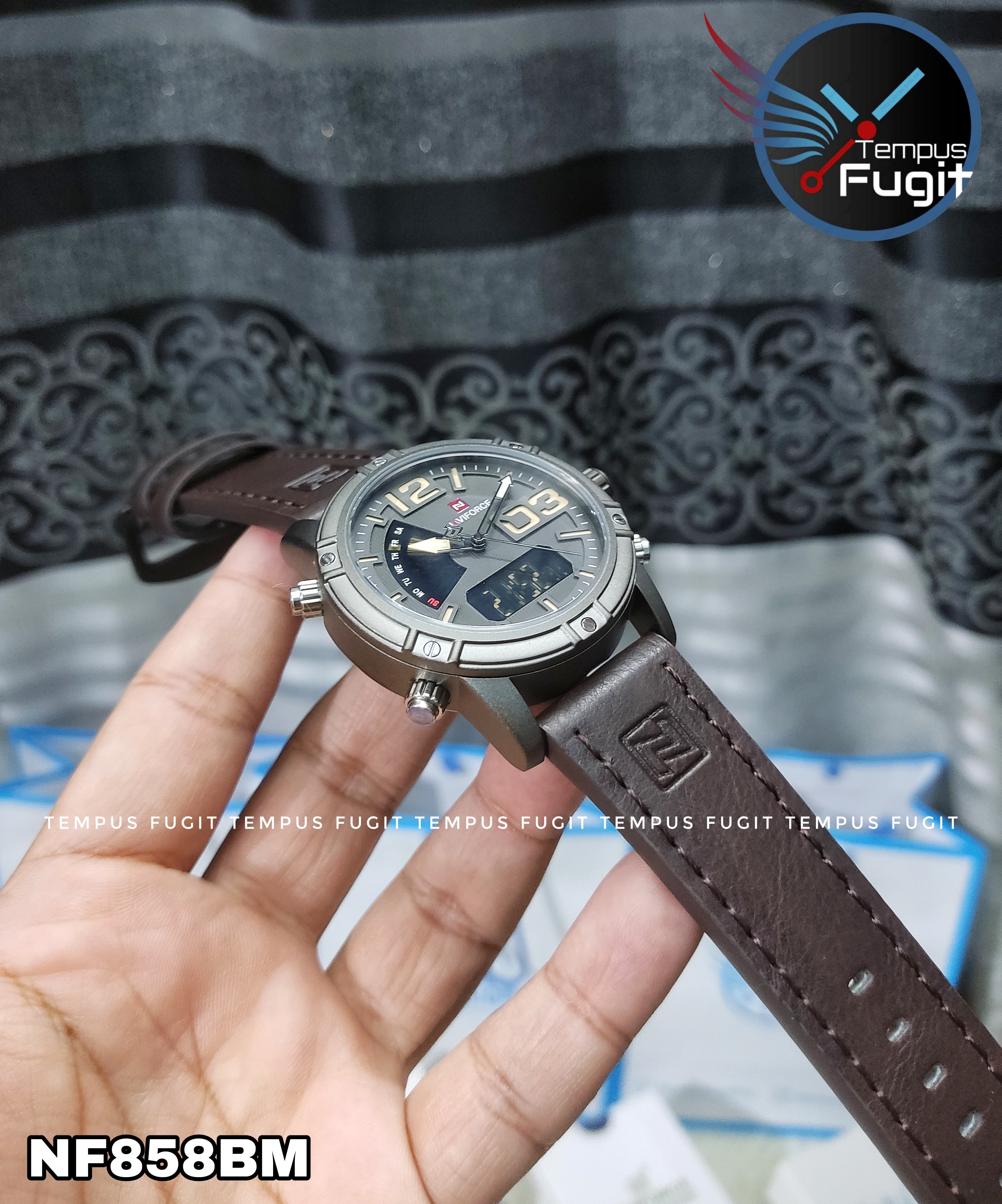 Naviforce 9095 Two Time Gents Belt Watch- Coffee Dial with Yellow Markings- Grey Bezel- Chocolate Belt- TF Code NF858BM_img_11