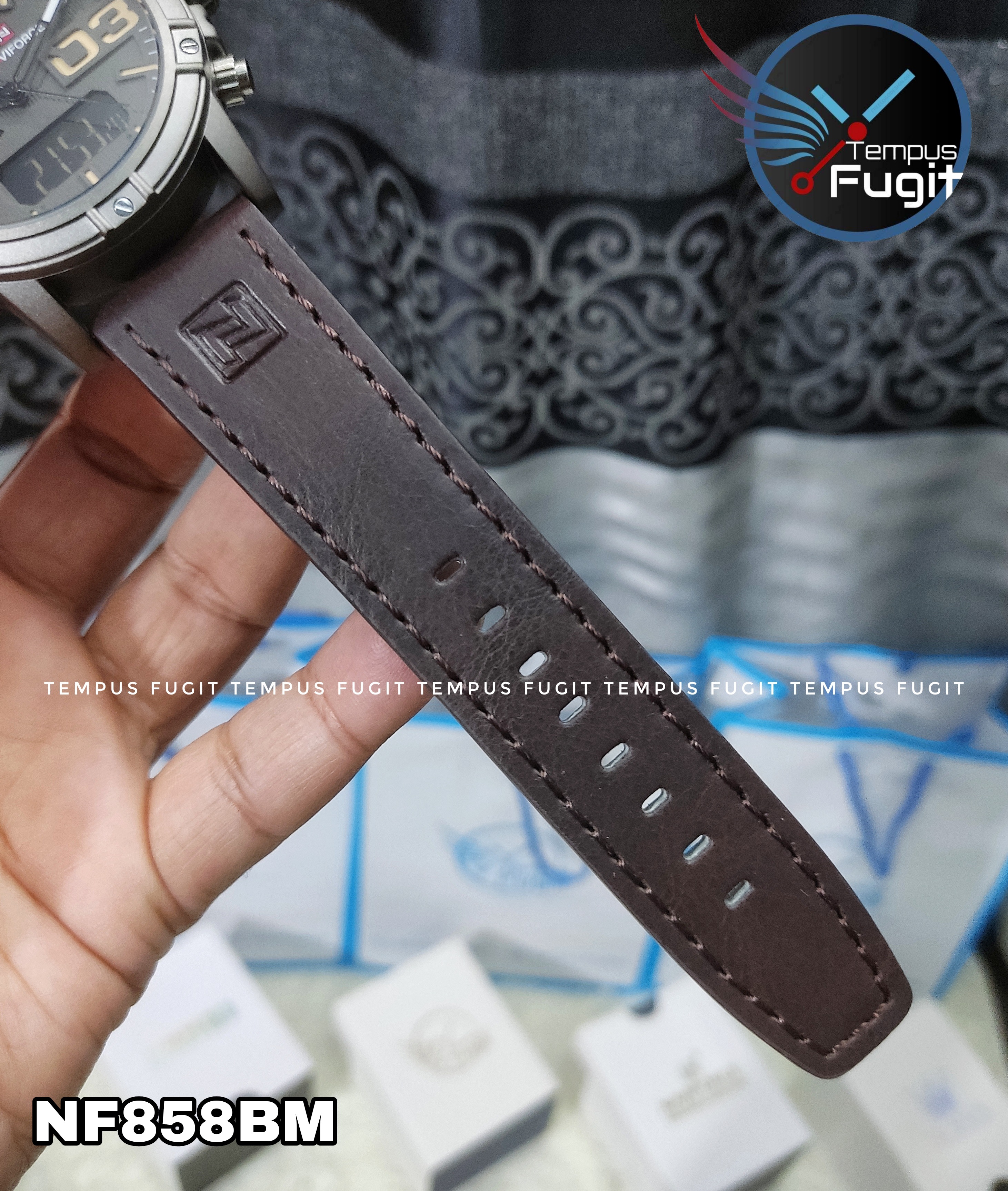 Naviforce 9095 Two Time Gents Belt Watch- Coffee Dial with Yellow Markings- Grey Bezel- Chocolate Belt- TF Code NF858BM_img_13