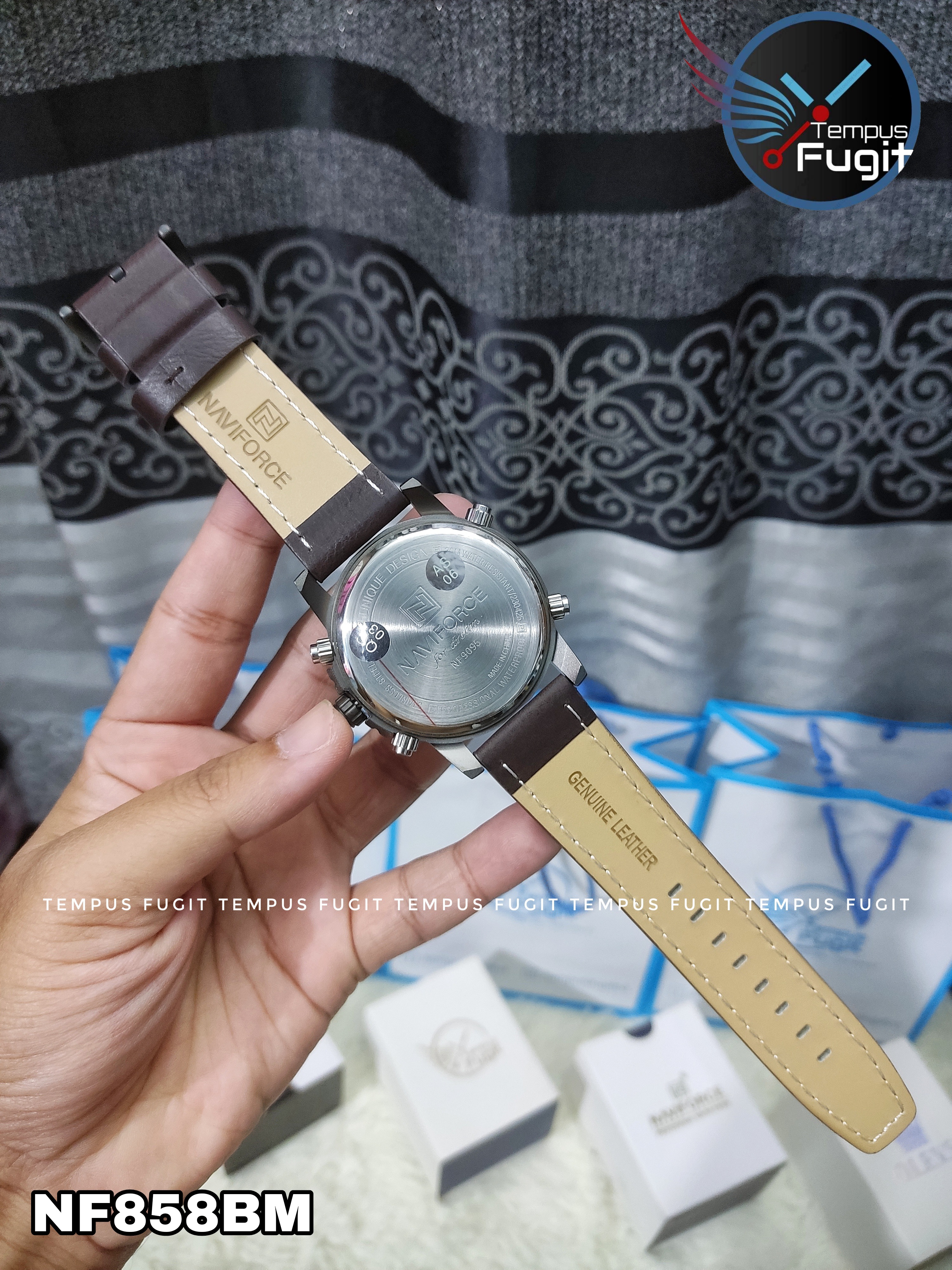 Naviforce 9095 Two Time Gents Belt Watch- Coffee Dial with Yellow Markings- Grey Bezel- Chocolate Belt- TF Code NF858BM_img_14