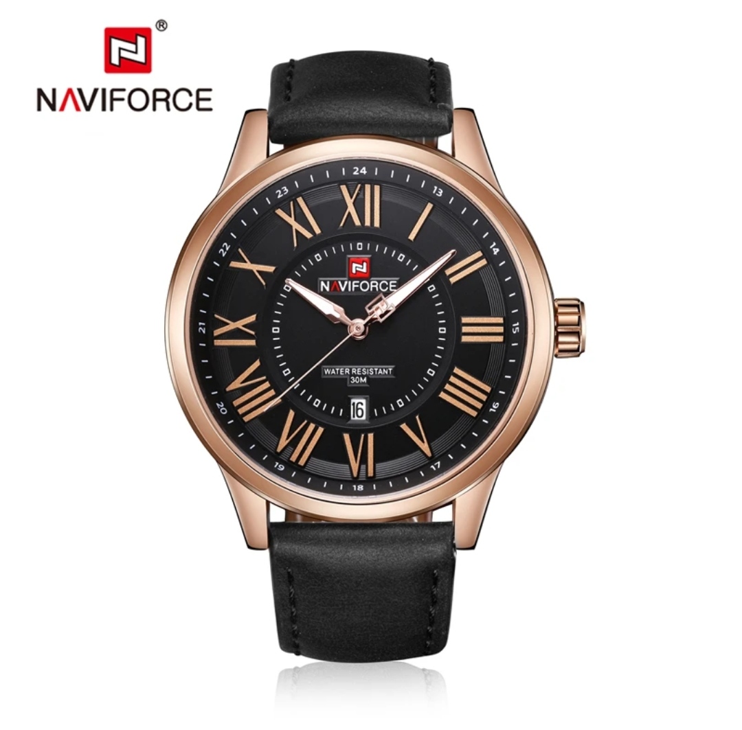 Naviforce 9126 Gents Belt Watch- Black Dial- Rose Golden Bezel- Black Belt- TF Code NF174BM_img_0