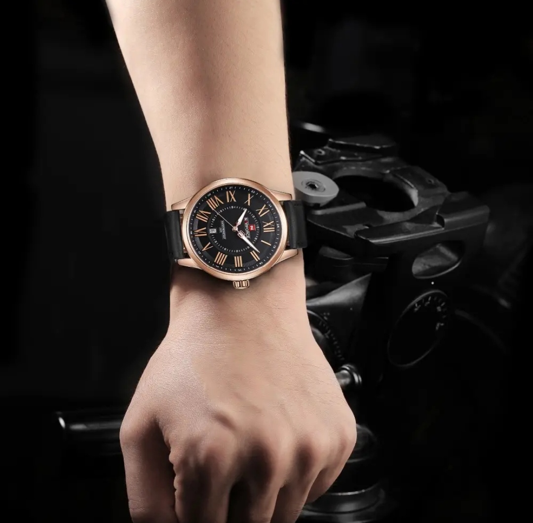 Naviforce 9126 Gents Belt Watch- Black Dial- Rose Golden Bezel- Black Belt- TF Code NF174BM_img_1