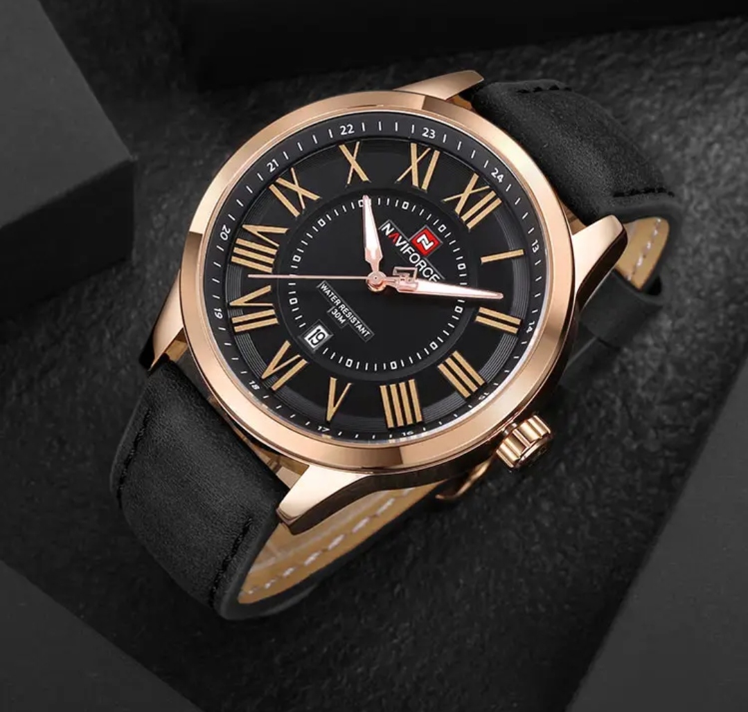 Naviforce 9126 Gents Belt Watch- Black Dial- Rose Golden Bezel- Black Belt- TF Code NF174BM_img_2