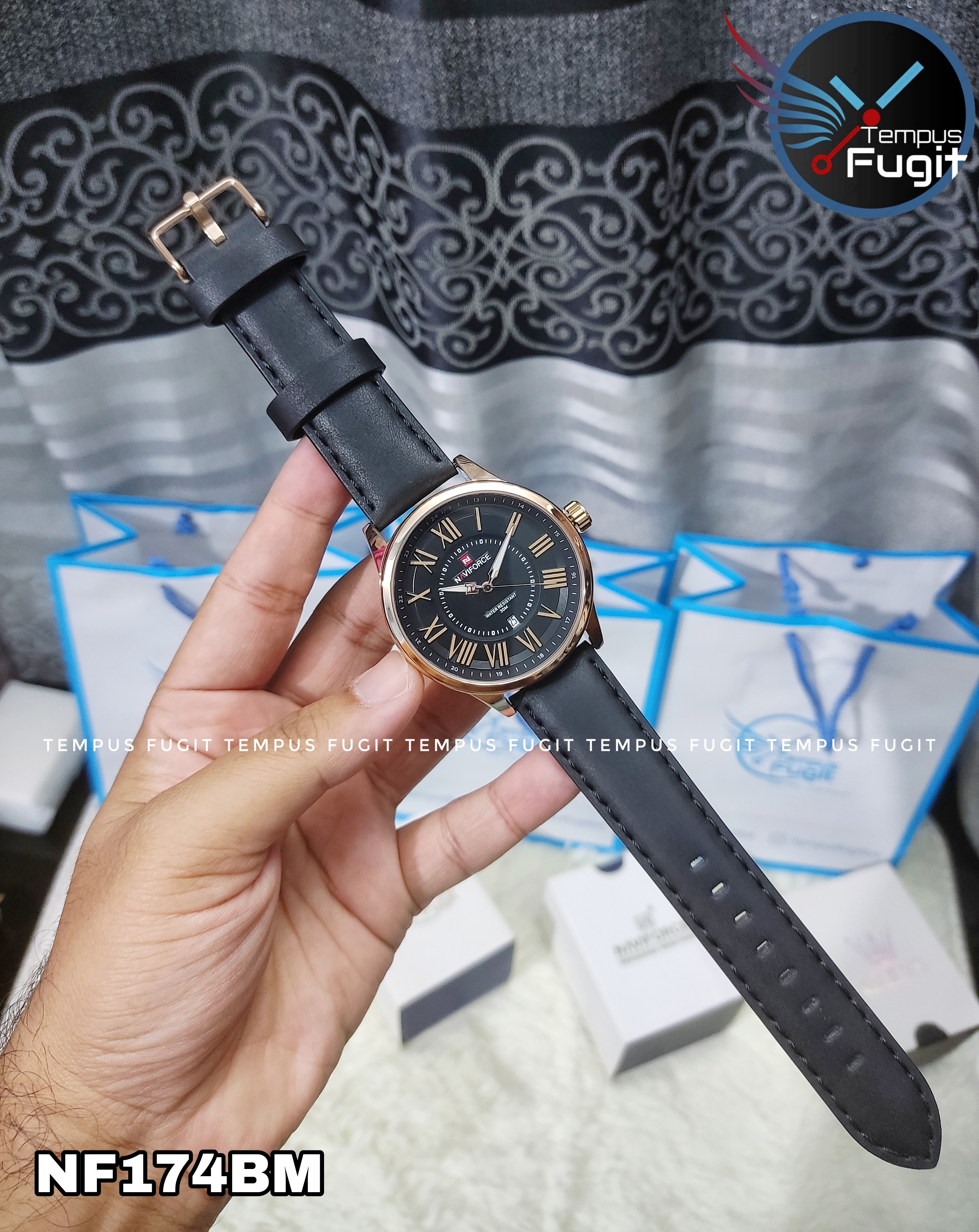 Naviforce 9126 Gents Belt Watch- Black Dial- Rose Golden Bezel- Black Belt- TF Code NF174BM_img_3