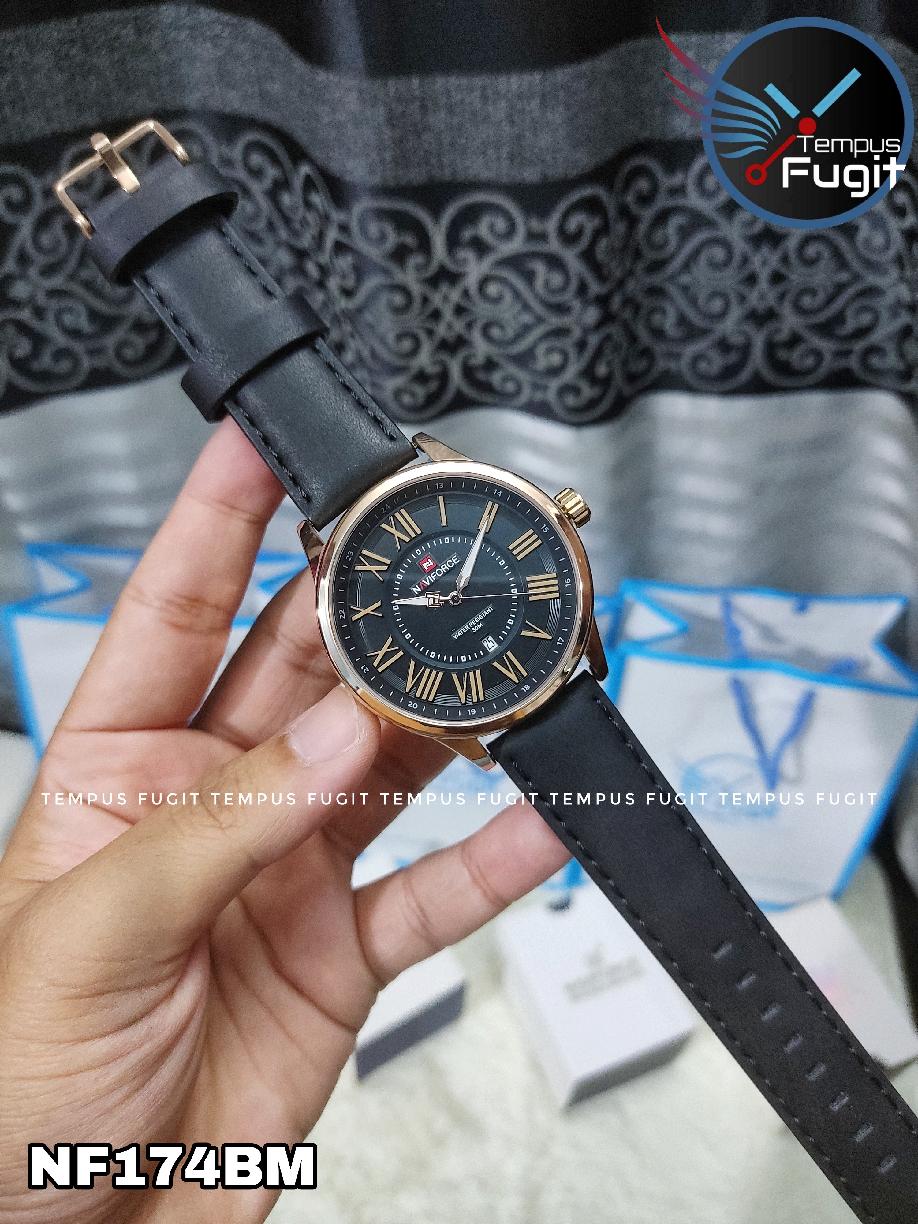 Naviforce 9126 Gents Belt Watch- Black Dial- Rose Golden Bezel- Black Belt- TF Code NF174BM_img_4