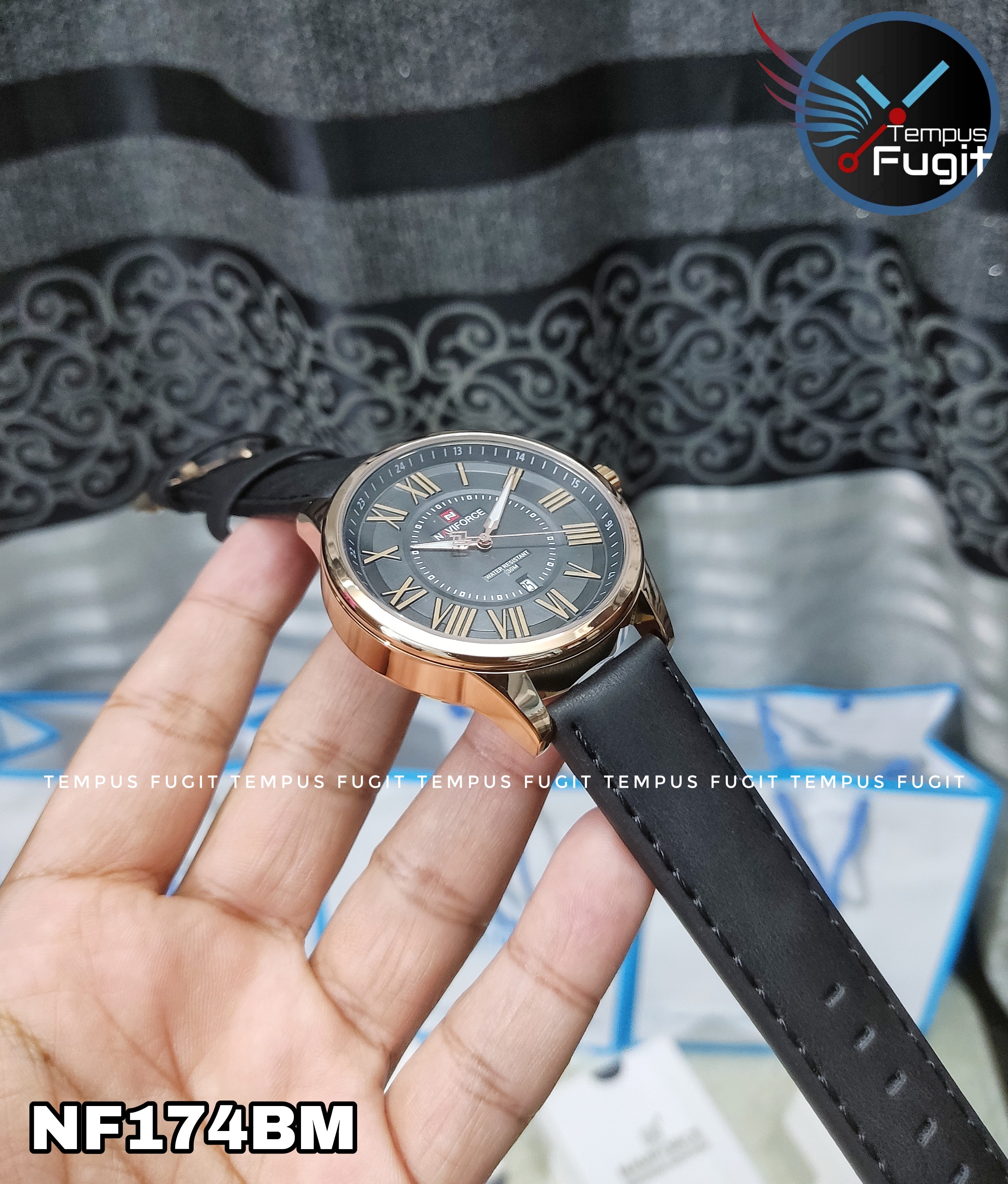 Naviforce 9126 Gents Belt Watch- Black Dial- Rose Golden Bezel- Black Belt- TF Code NF174BM_img_5