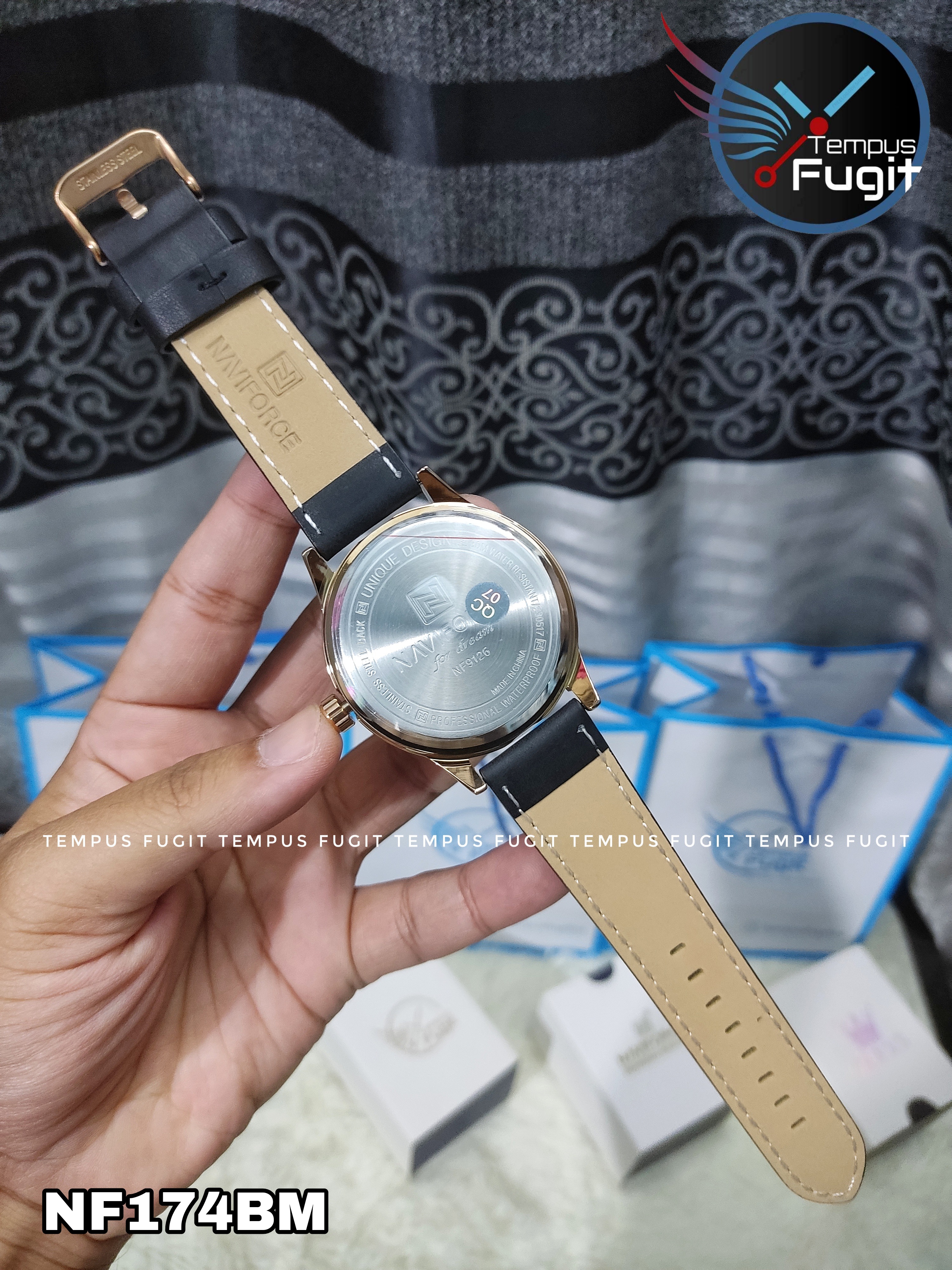 Naviforce 9126 Gents Belt Watch- Black Dial- Rose Golden Bezel- Black Belt- TF Code NF174BM_img_8