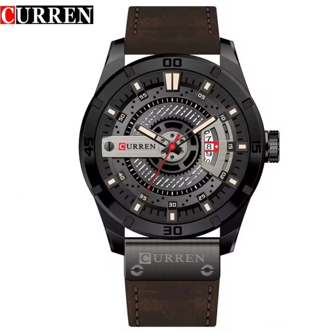 Curren 8301 Gents Belt Watch- Black Dial with Yellow Markings- Black Bezel- Brown Belt- TF Code CR673BM_img_0