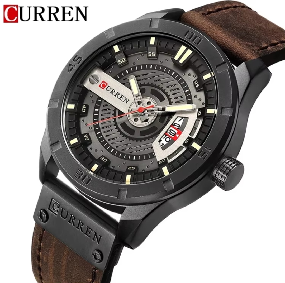 Curren 8301 Gents Belt Watch- Black Dial with Yellow Markings- Black Bezel- Brown Belt- TF Code CR673BM_img_1