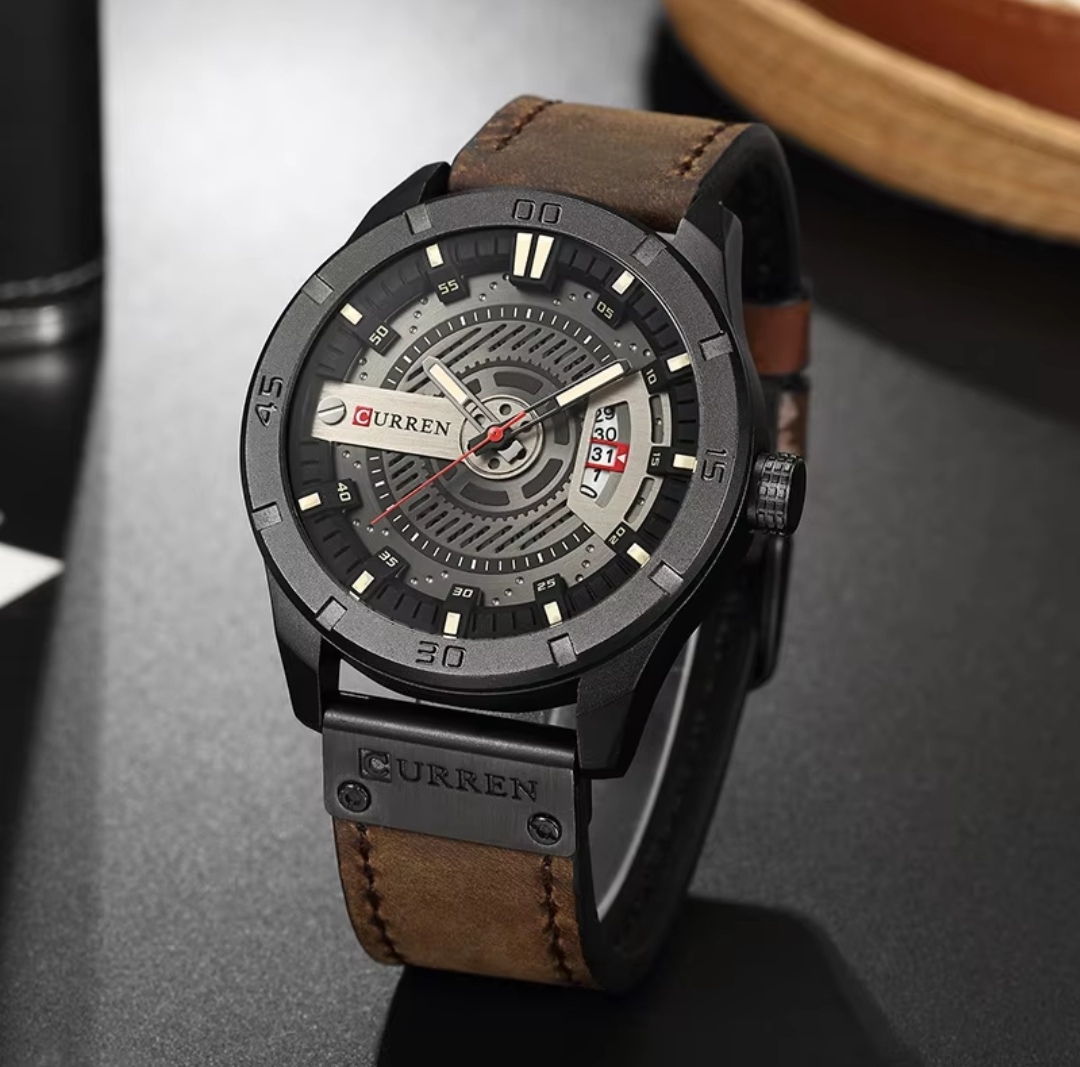 Curren 8301 Gents Belt Watch- Black Dial with Yellow Markings- Black Bezel- Brown Belt- TF Code CR673BM_img_2