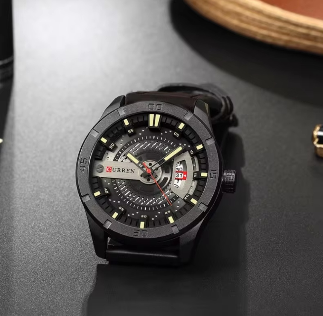 Curren 8301 Gents Belt Watch- Black Dial with Yellow Markings- Black Bezel- Brown Belt- TF Code CR673BM_img_3