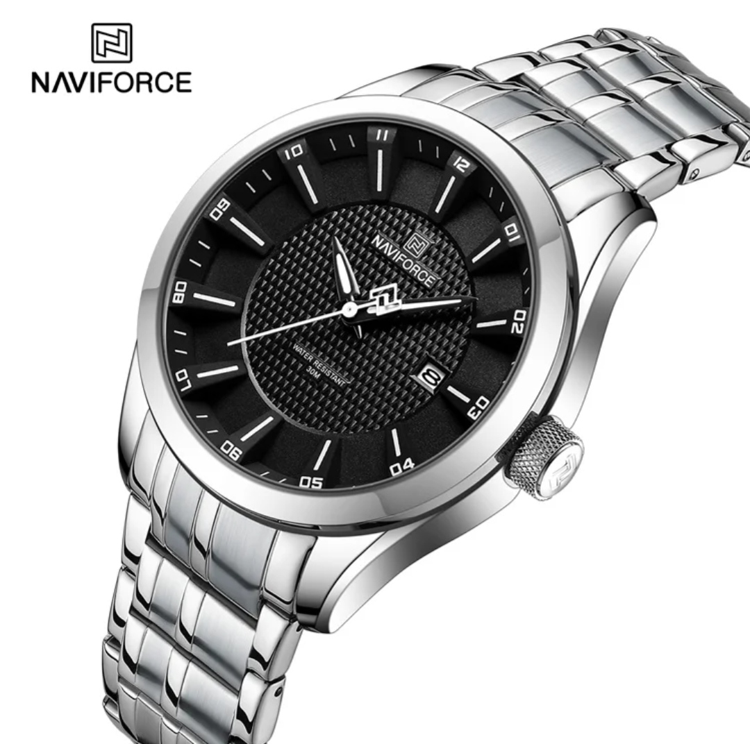 Naviforce 8032 Gents Chain Watch - Black Dial- Silver Bezel- Silver Chain- TF Code NF824CM_img_1