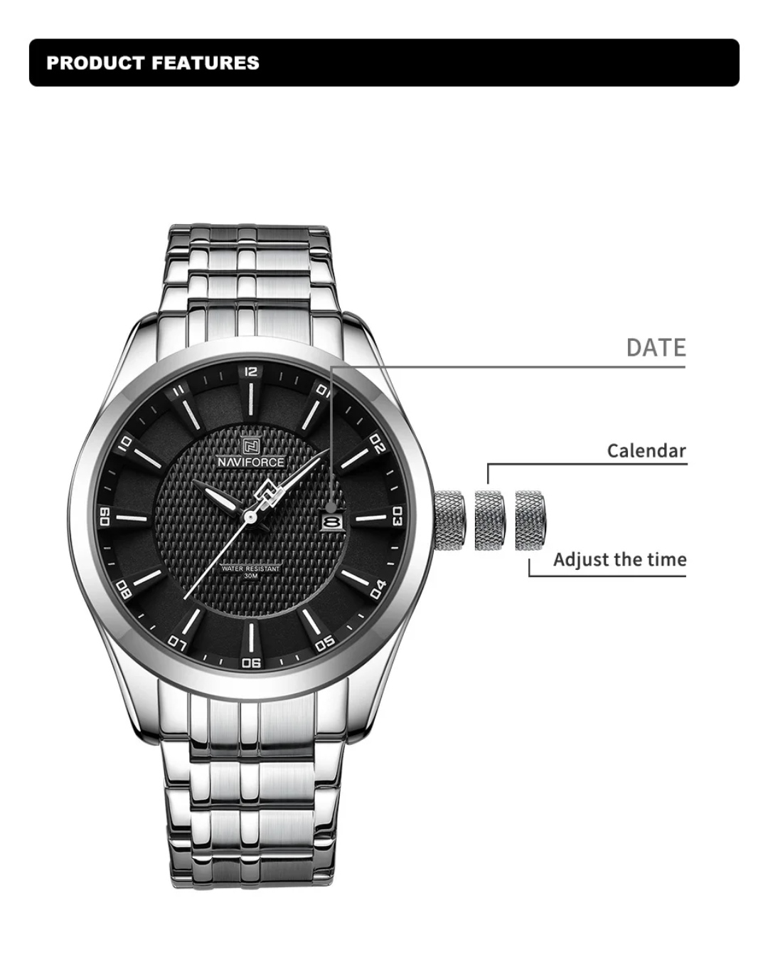 Naviforce 8032 Gents Chain Watch - Black Dial- Silver Bezel- Silver Chain- TF Code NF824CM_img_2