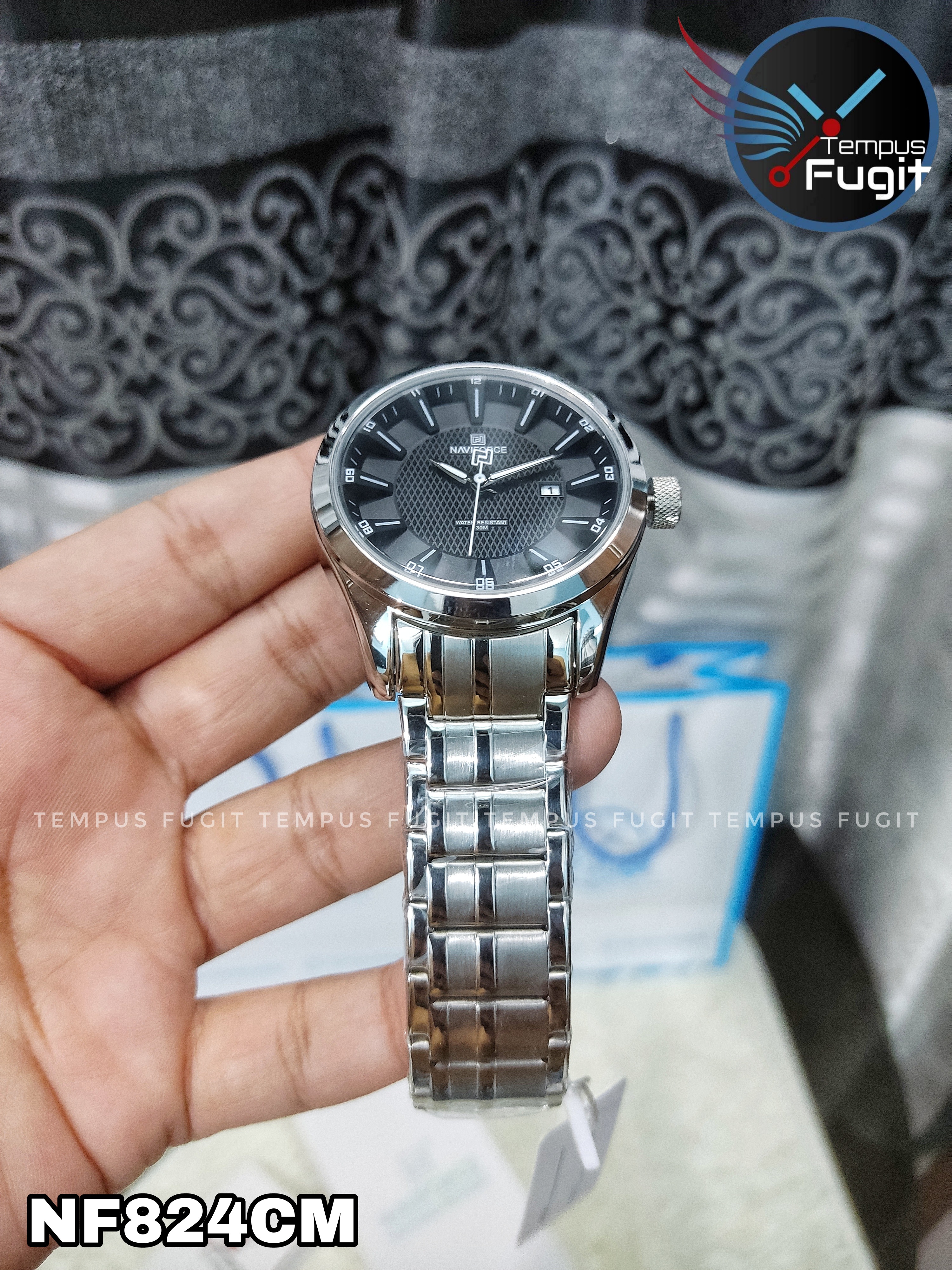 Naviforce 8032 Gents Chain Watch - Black Dial- Silver Bezel- Silver Chain- TF Code NF824CM_img_8