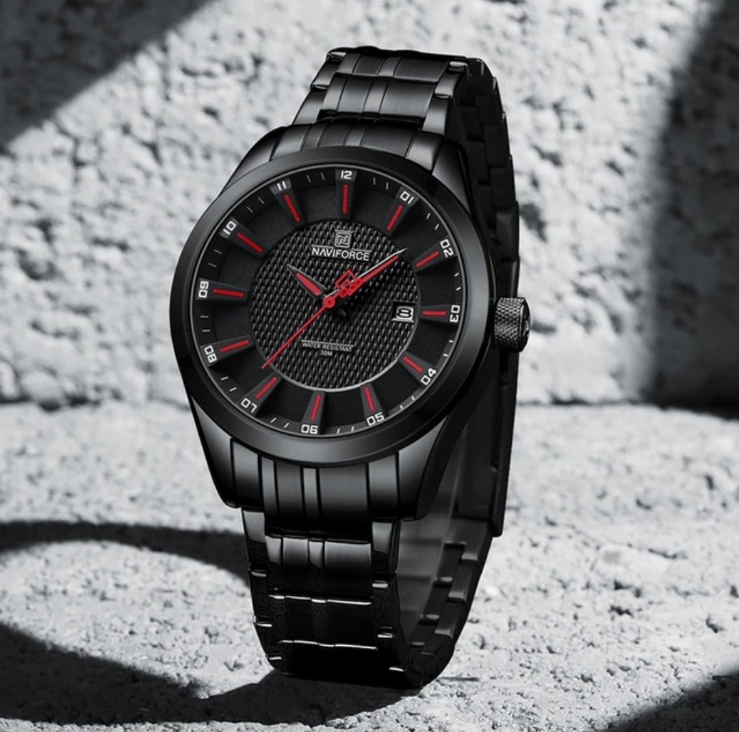 Naviforce 8032 Gents Chain Watch - Black Dial with Red Markings- Black Bezel- Black Chain- TF Code NF823CM_img_1