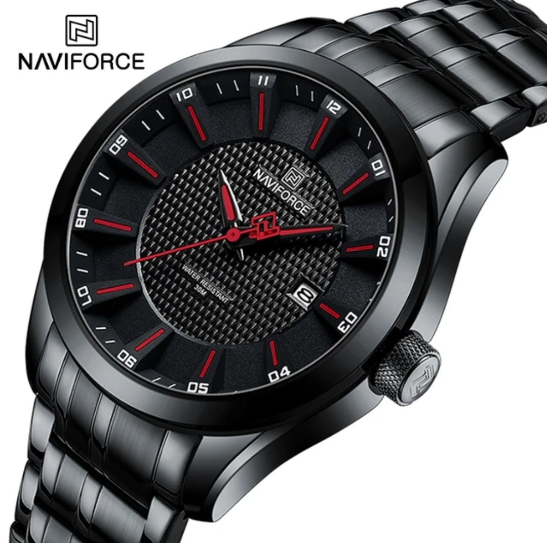 Naviforce 8032 Gents Chain Watch - Black Dial with Red Markings- Black Bezel- Black Chain- TF Code NF823CM_img_2