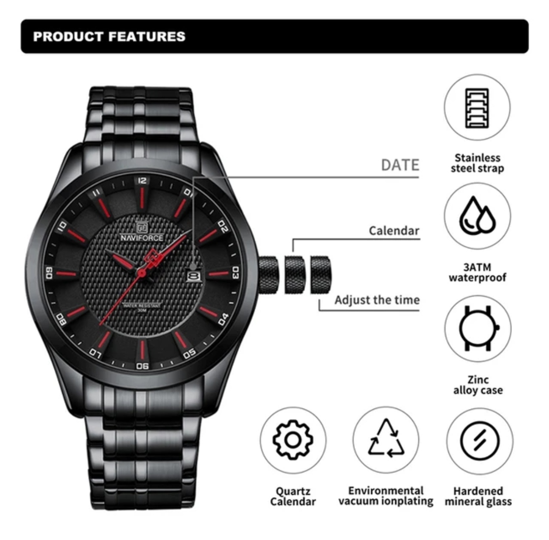 Naviforce 8032 Gents Chain Watch - Black Dial with Red Markings- Black Bezel- Black Chain- TF Code NF823CM_img_4