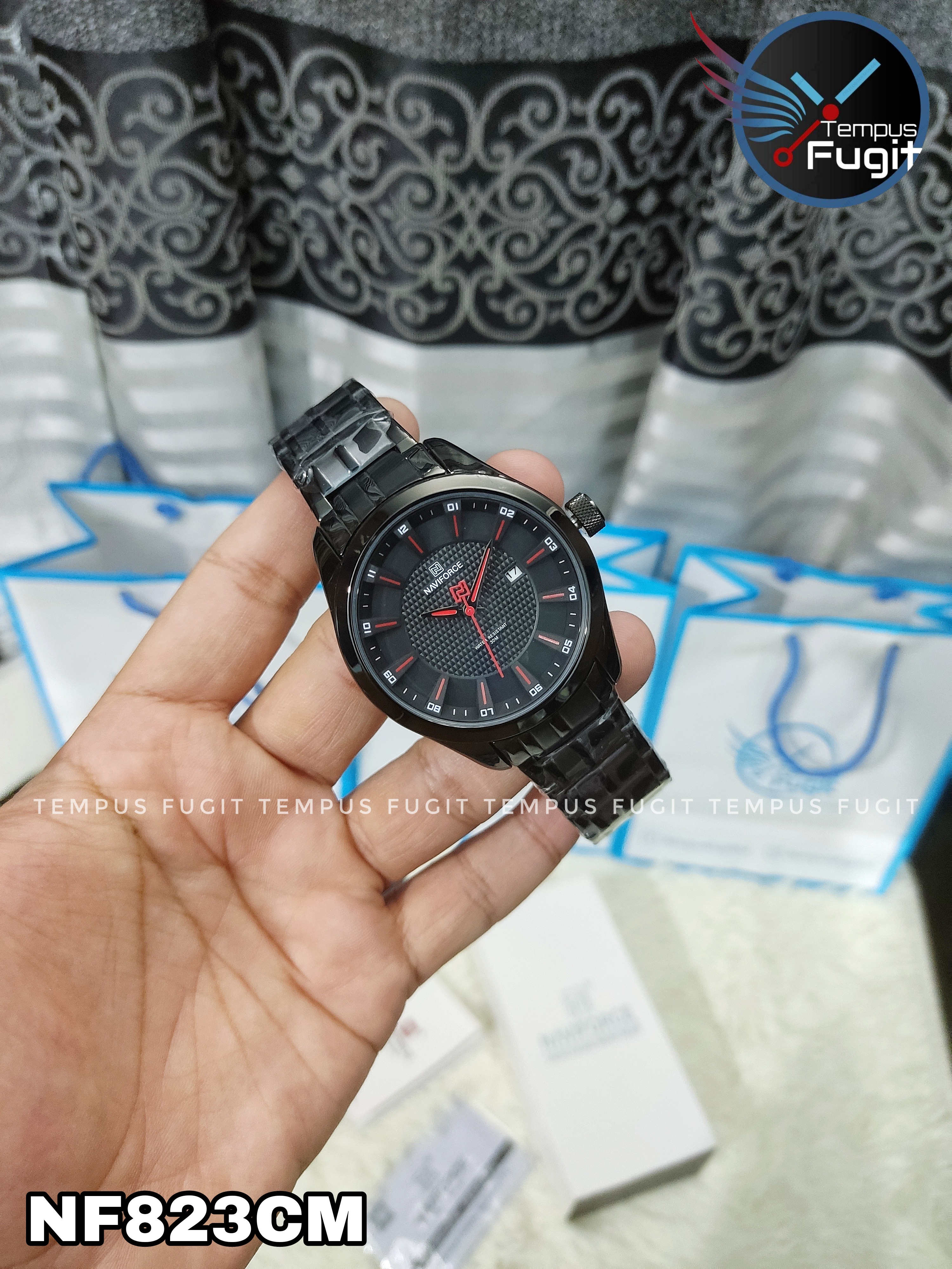 Naviforce 8032 Gents Chain Watch - Black Dial with Red Markings- Black Bezel- Black Chain- TF Code NF823CM_img_6