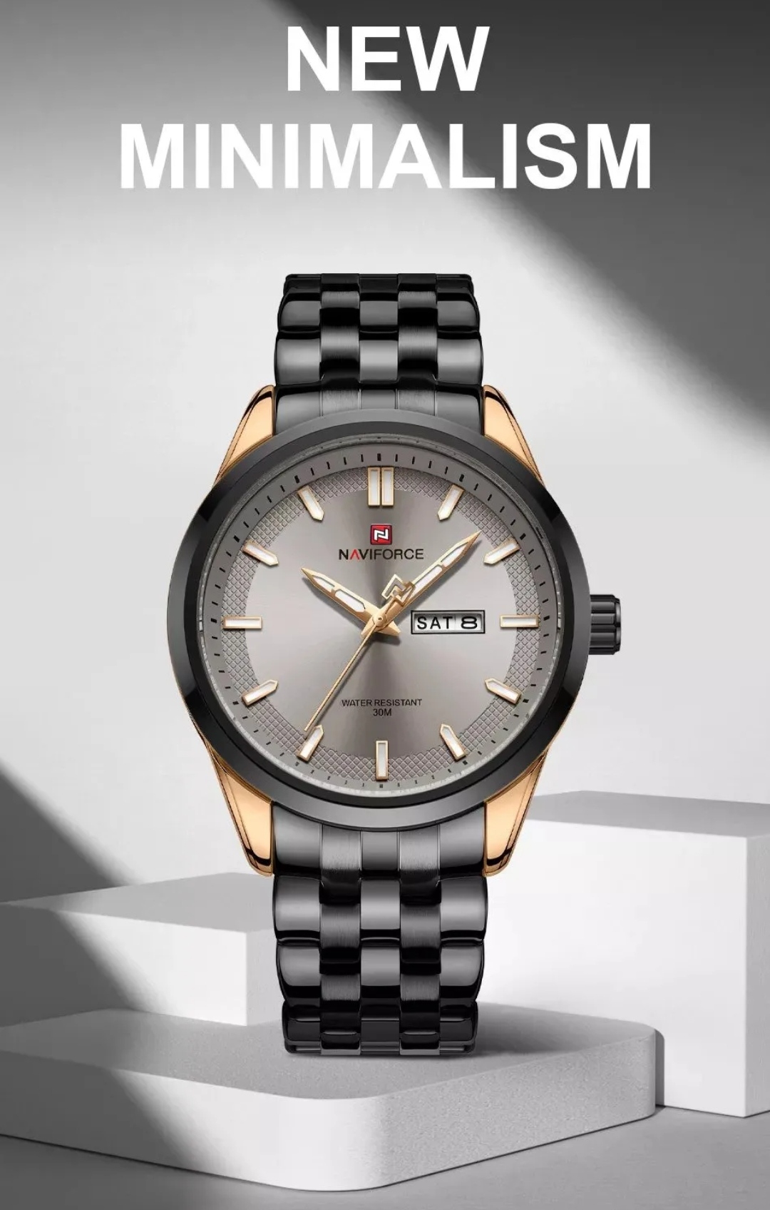 Naviforce 9203 Gents Chain Watch - Grey Dial- Black+Rose Golden Bezel- Black Chain- TF Code NF607CM_img_1