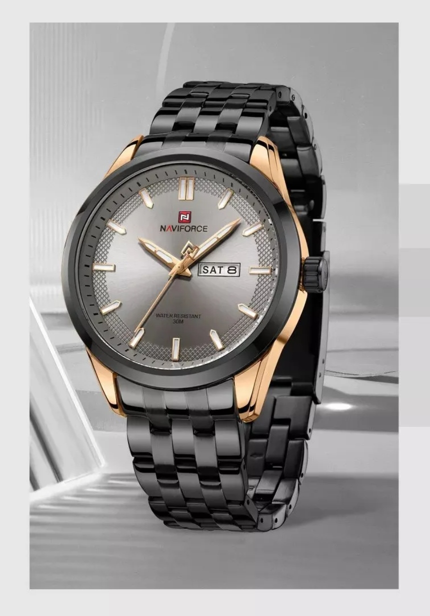 Naviforce 9203 Gents Chain Watch - Grey Dial- Black+Rose Golden Bezel- Black Chain- TF Code NF607CM_img_2