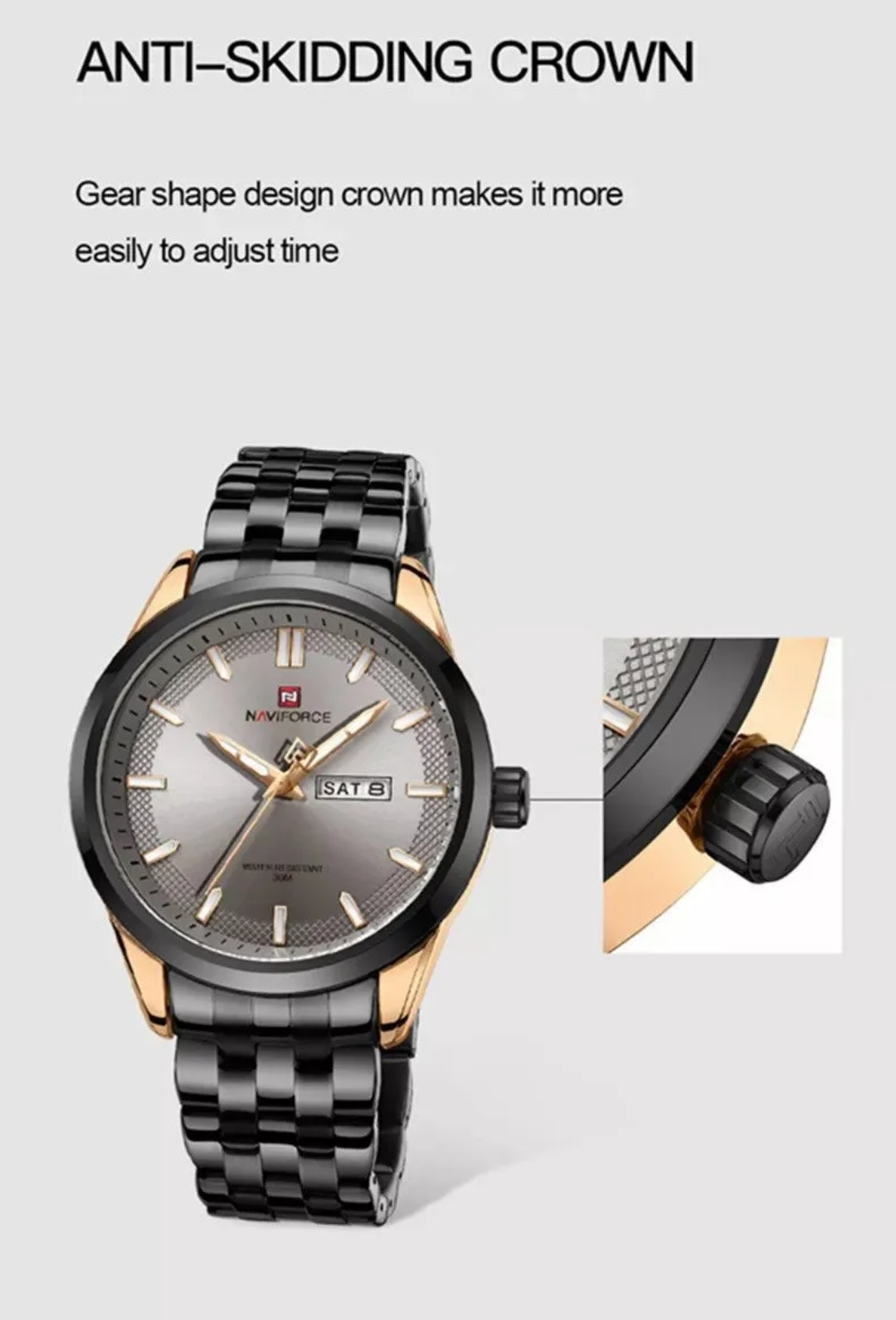 Naviforce 9203 Gents Chain Watch - Grey Dial- Black+Rose Golden Bezel- Black Chain- TF Code NF607CM_img_3