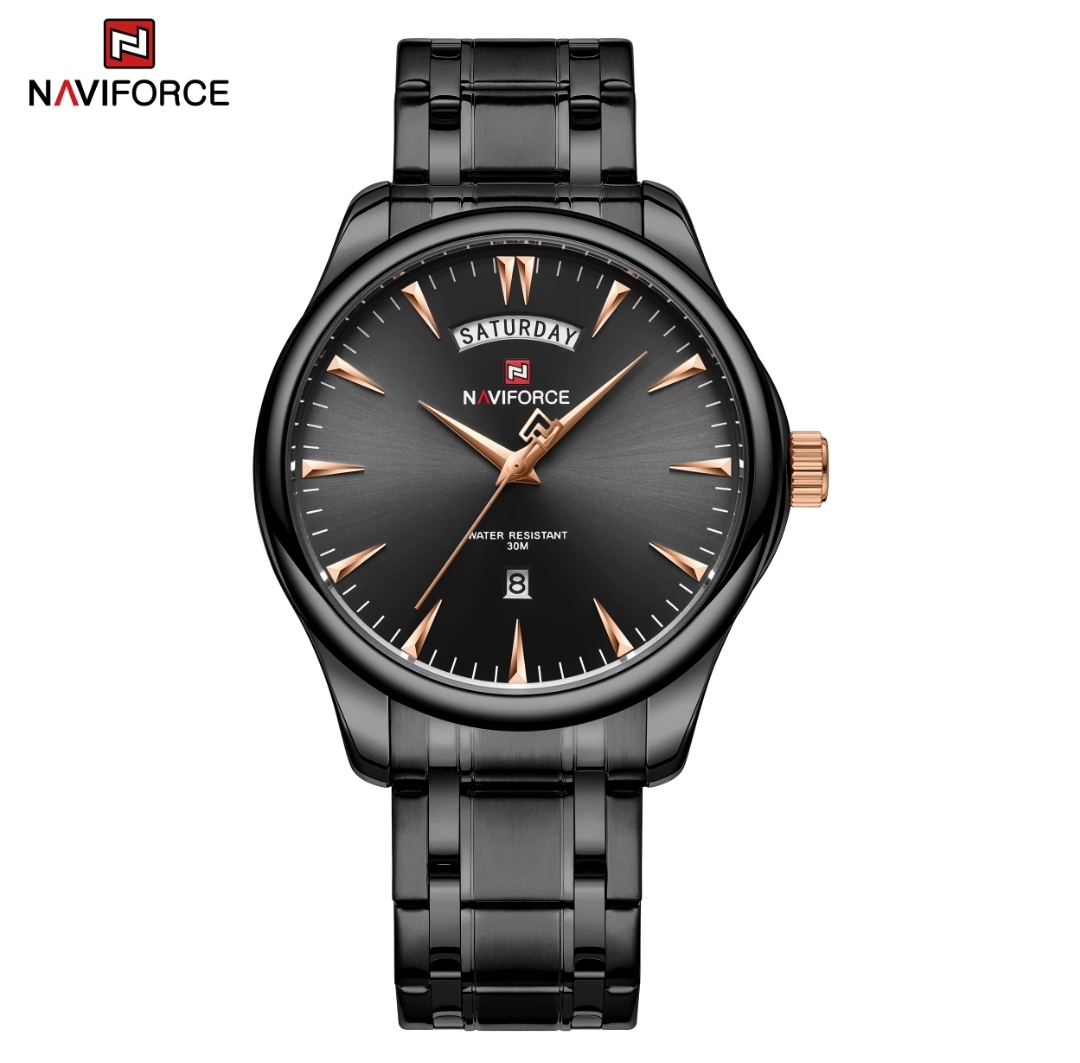 Naviforce 9213 Gents Chain Watch - Black Dial with Rose Golden Markings- Black Bezel- Black Chain- TF Code NF809CM_img_0