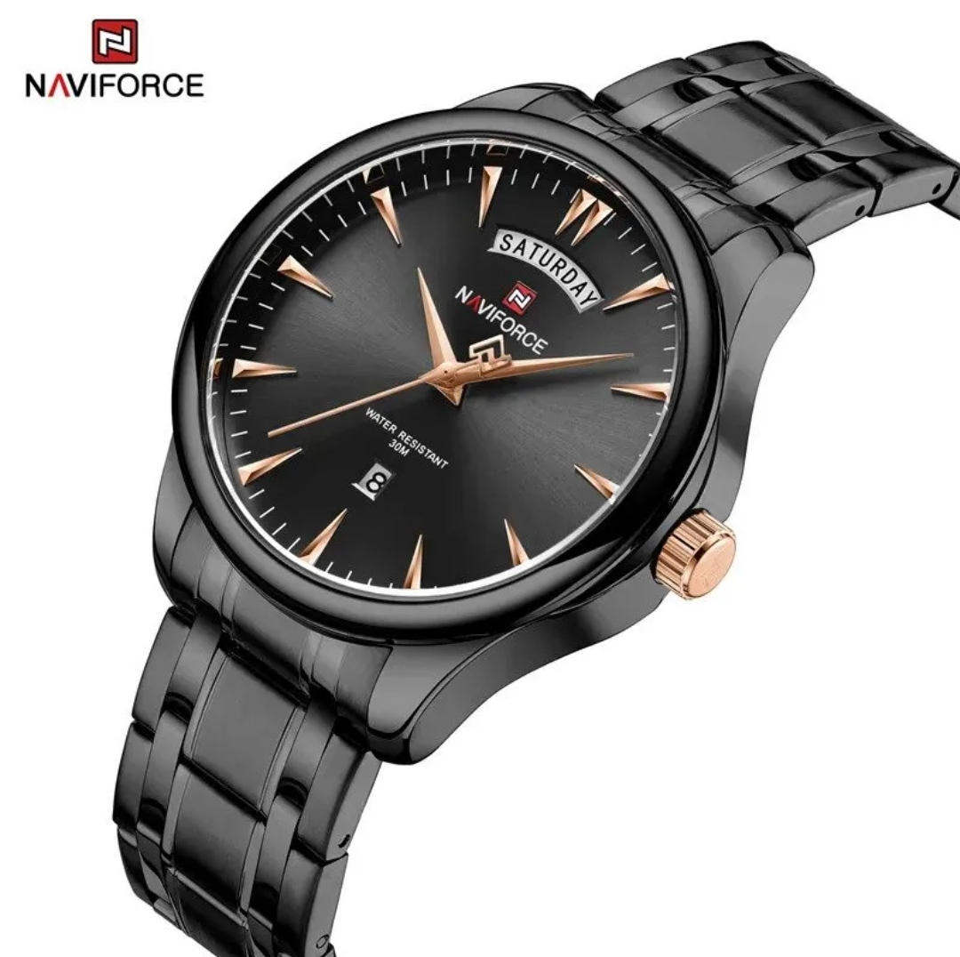 Naviforce 9213 Gents Chain Watch - Black Dial with Rose Golden Markings- Black Bezel- Black Chain- TF Code NF809CM_img_1