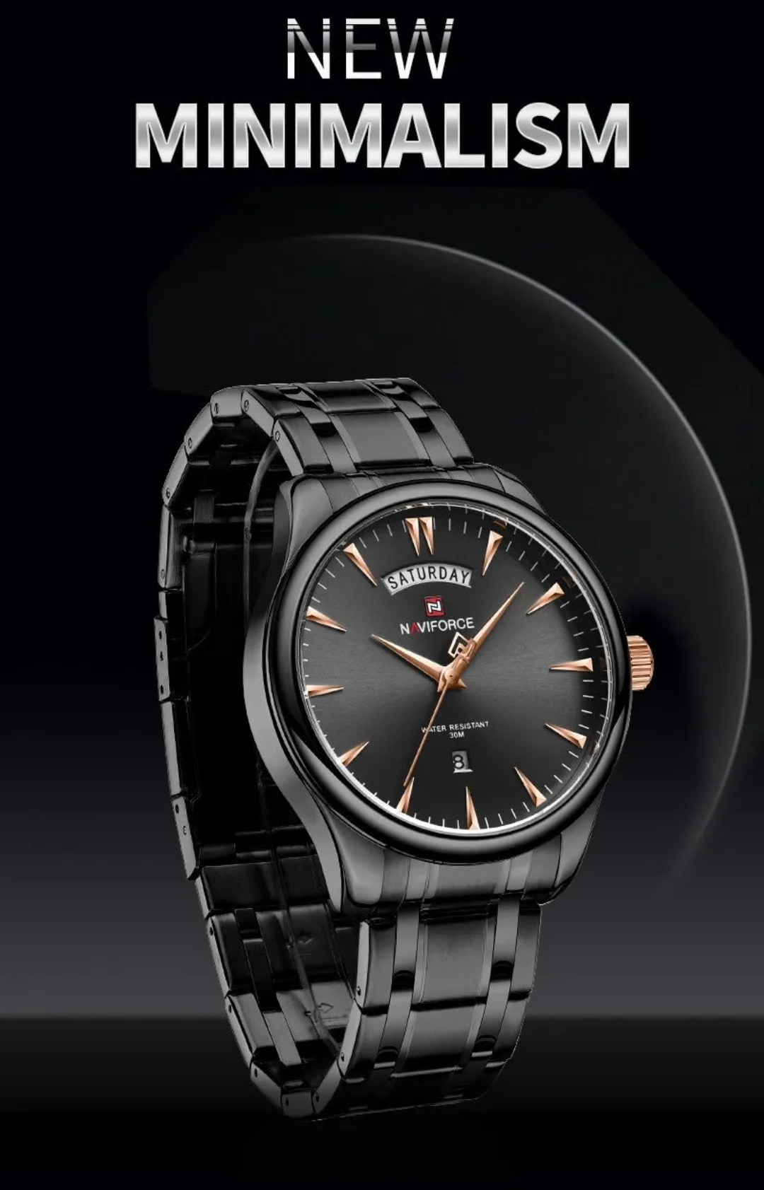 Naviforce 9213 Gents Chain Watch - Black Dial with Rose Golden Markings- Black Bezel- Black Chain- TF Code NF809CM_img_2