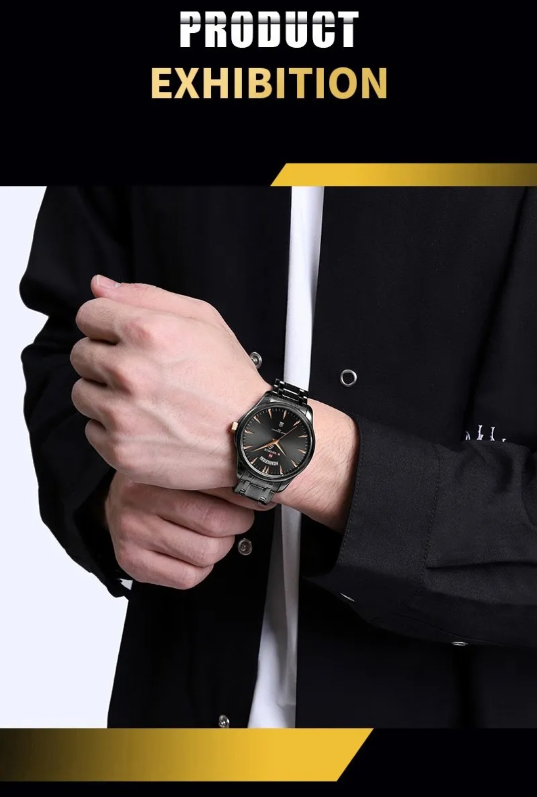 Naviforce 9213 Gents Chain Watch - Black Dial with Rose Golden Markings- Black Bezel- Black Chain- TF Code NF809CM_img_3