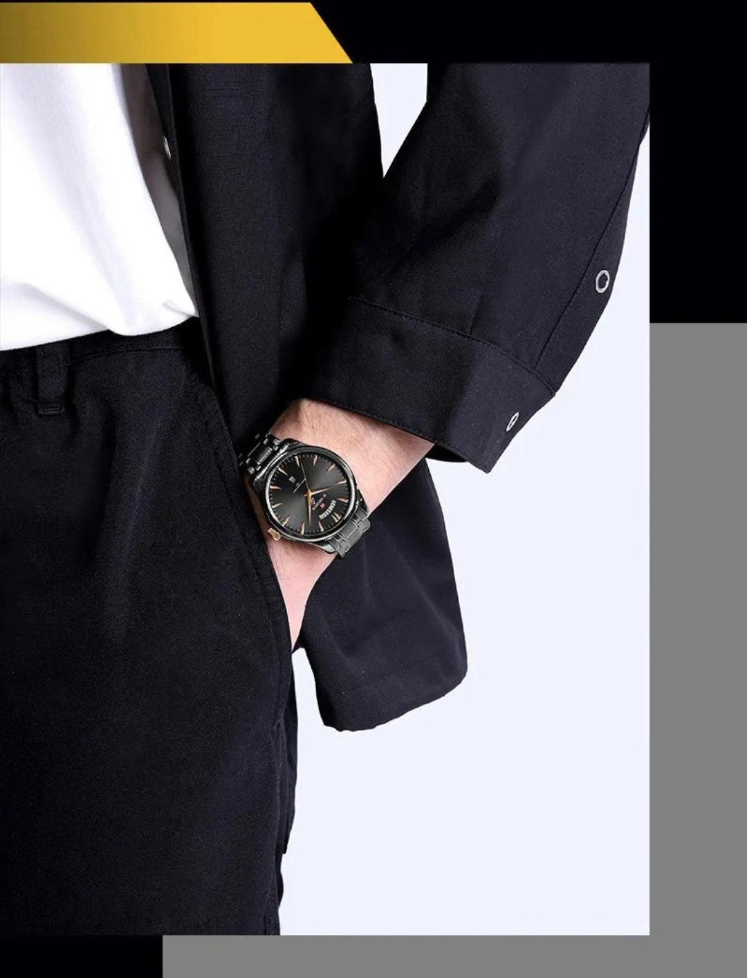 Naviforce 9213 Gents Chain Watch - Black Dial with Rose Golden Markings- Black Bezel- Black Chain- TF Code NF809CM_img_4