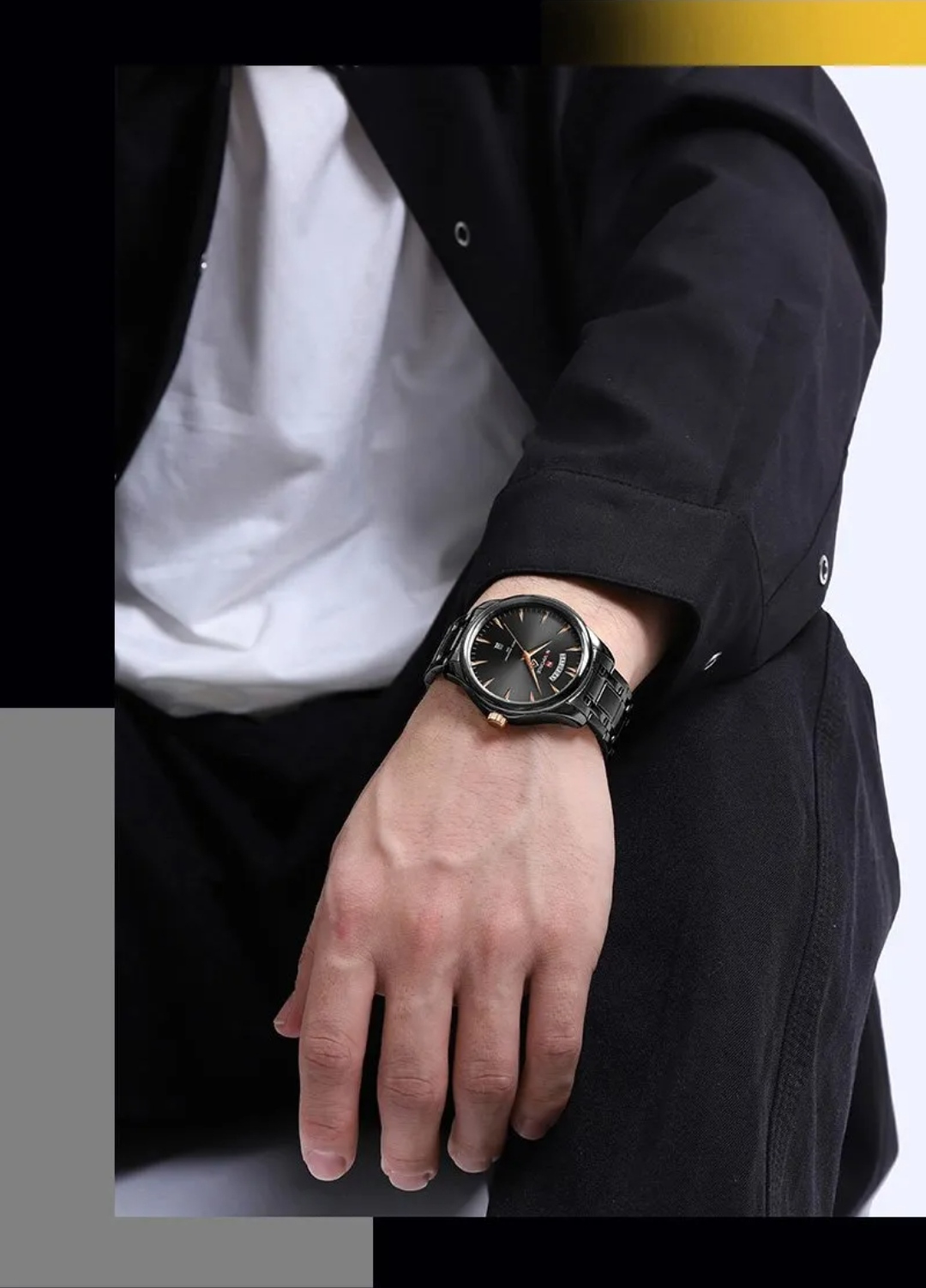 Naviforce 9213 Gents Chain Watch - Black Dial with Rose Golden Markings- Black Bezel- Black Chain- TF Code NF809CM_img_5