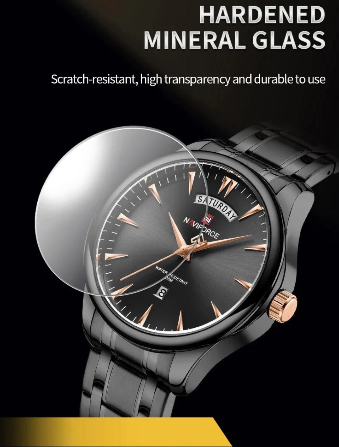 Naviforce 9213 Gents Chain Watch - Black Dial with Rose Golden Markings- Black Bezel- Black Chain- TF Code NF809CM_img_7