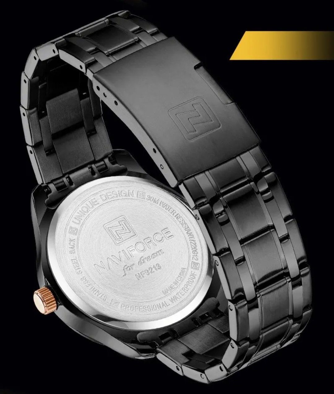 Naviforce 9213 Gents Chain Watch - Black Dial with Rose Golden Markings- Black Bezel- Black Chain- TF Code NF809CM_img_8