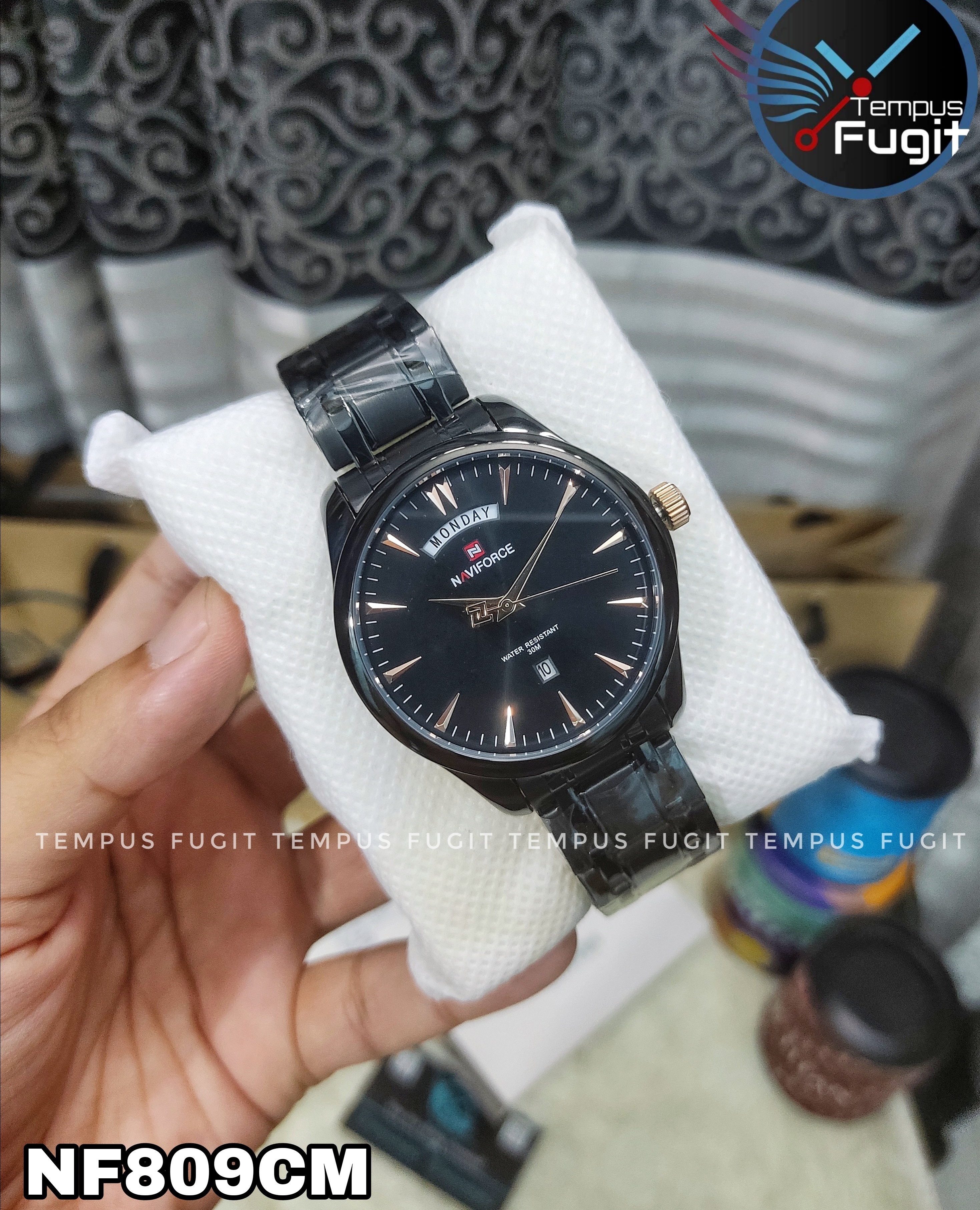 Naviforce 9213 Gents Chain Watch - Black Dial with Rose Golden Markings- Black Bezel- Black Chain- TF Code NF809CM_img_9