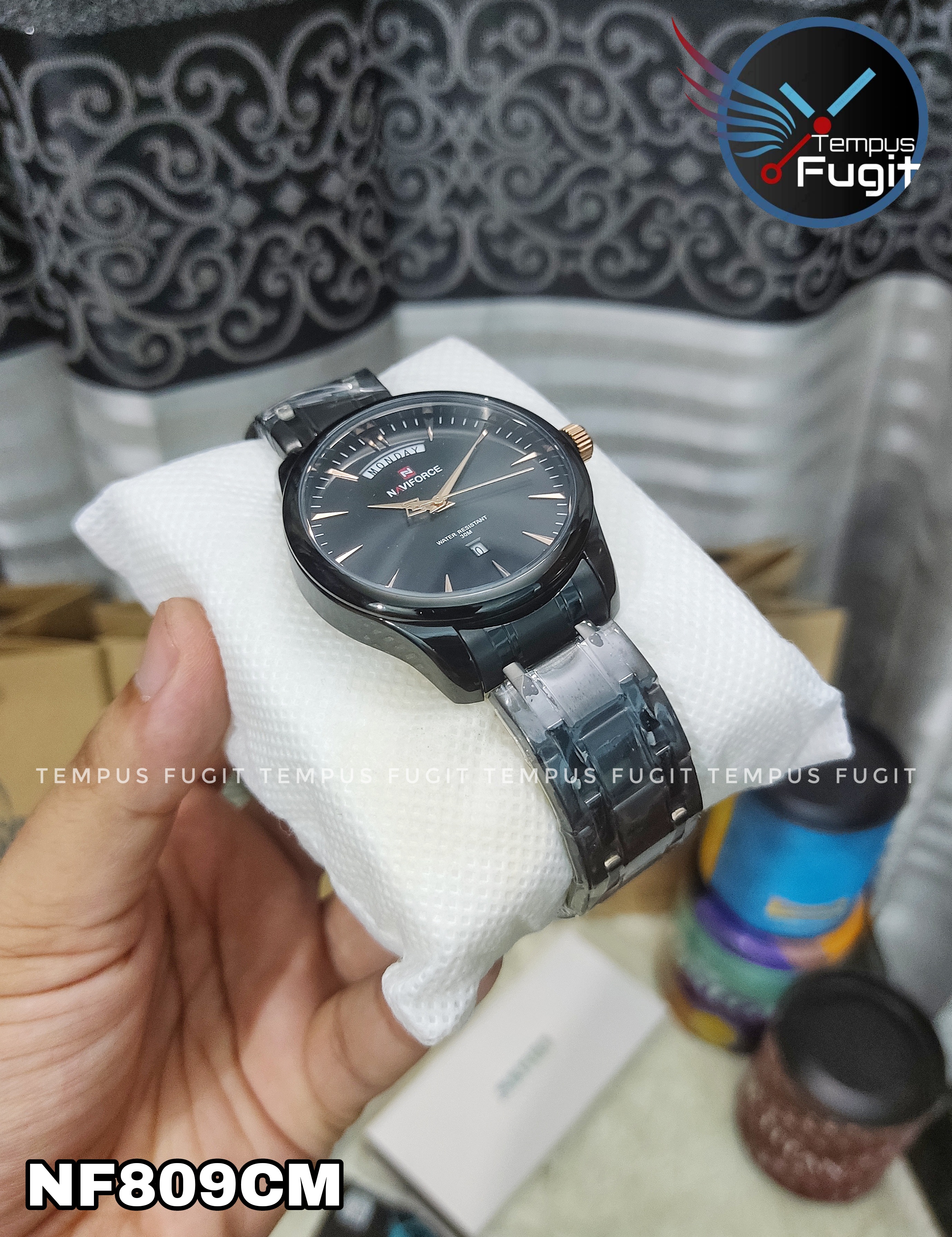 Naviforce 9213 Gents Chain Watch - Black Dial with Rose Golden Markings- Black Bezel- Black Chain- TF Code NF809CM_img_10