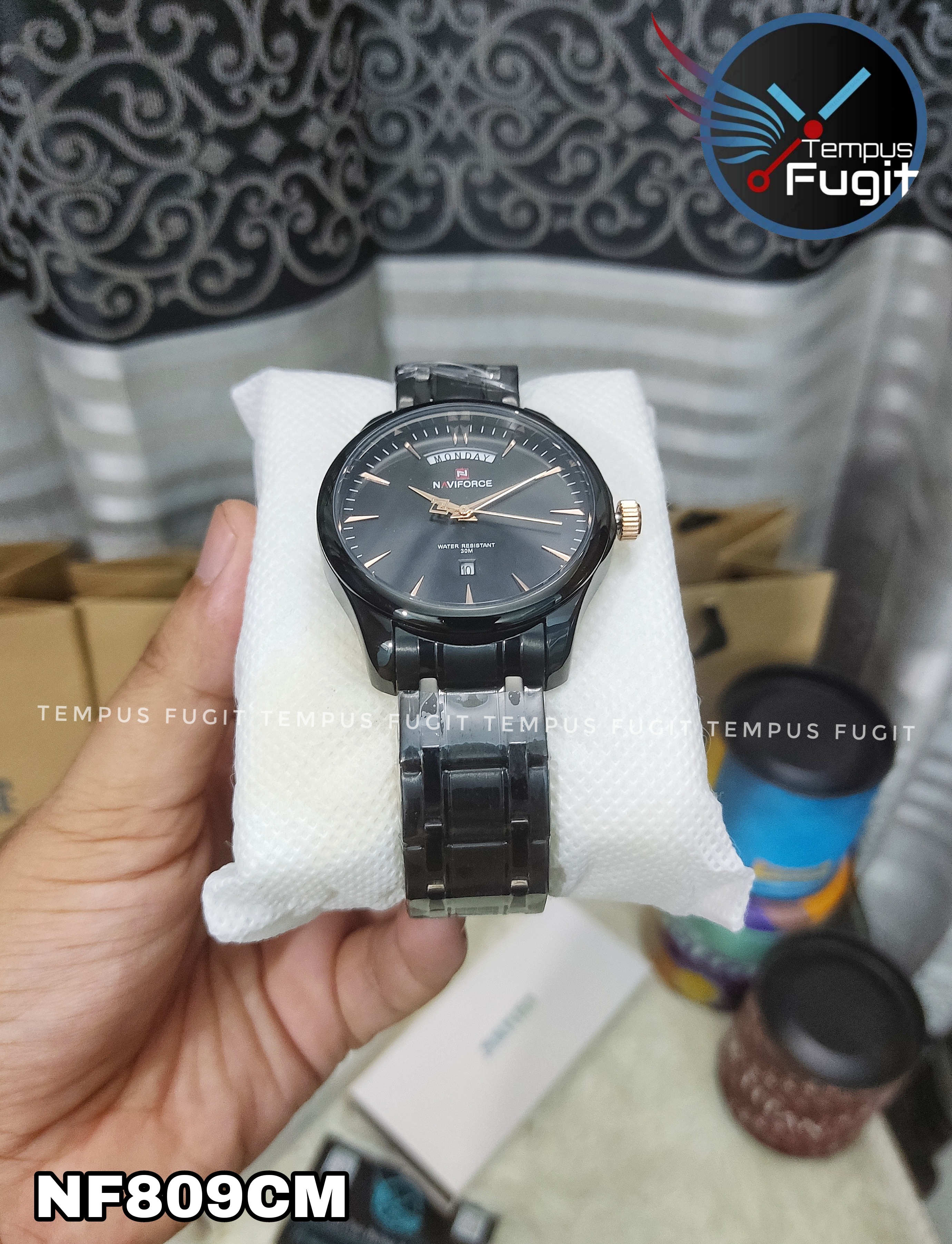 Naviforce 9213 Gents Chain Watch - Black Dial with Rose Golden Markings- Black Bezel- Black Chain- TF Code NF809CM_img_11