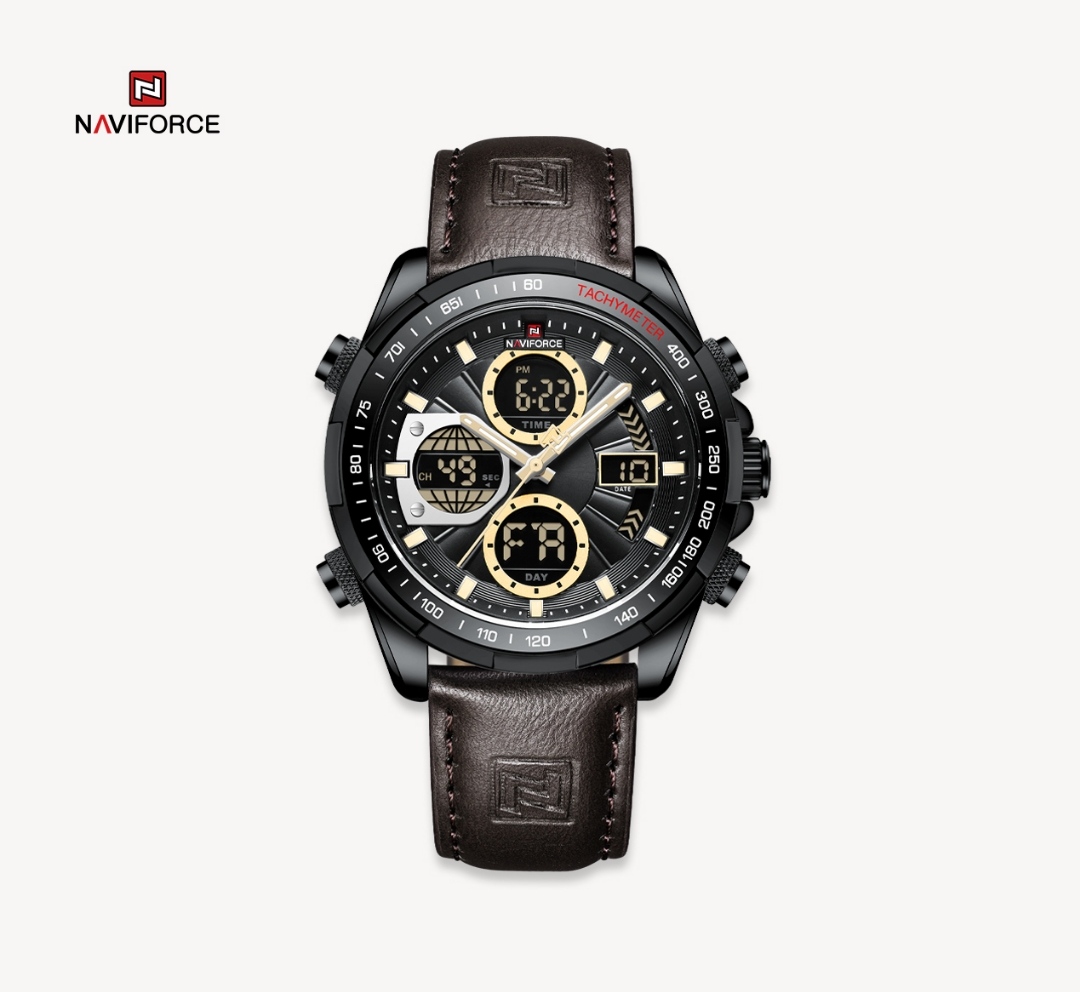Naviforce 9197 Two Time Gents Belt Watch- Black Dial with Yellow Markings- Black Bezel- Chocolate Belt- TF Code NF817BM_img_0
