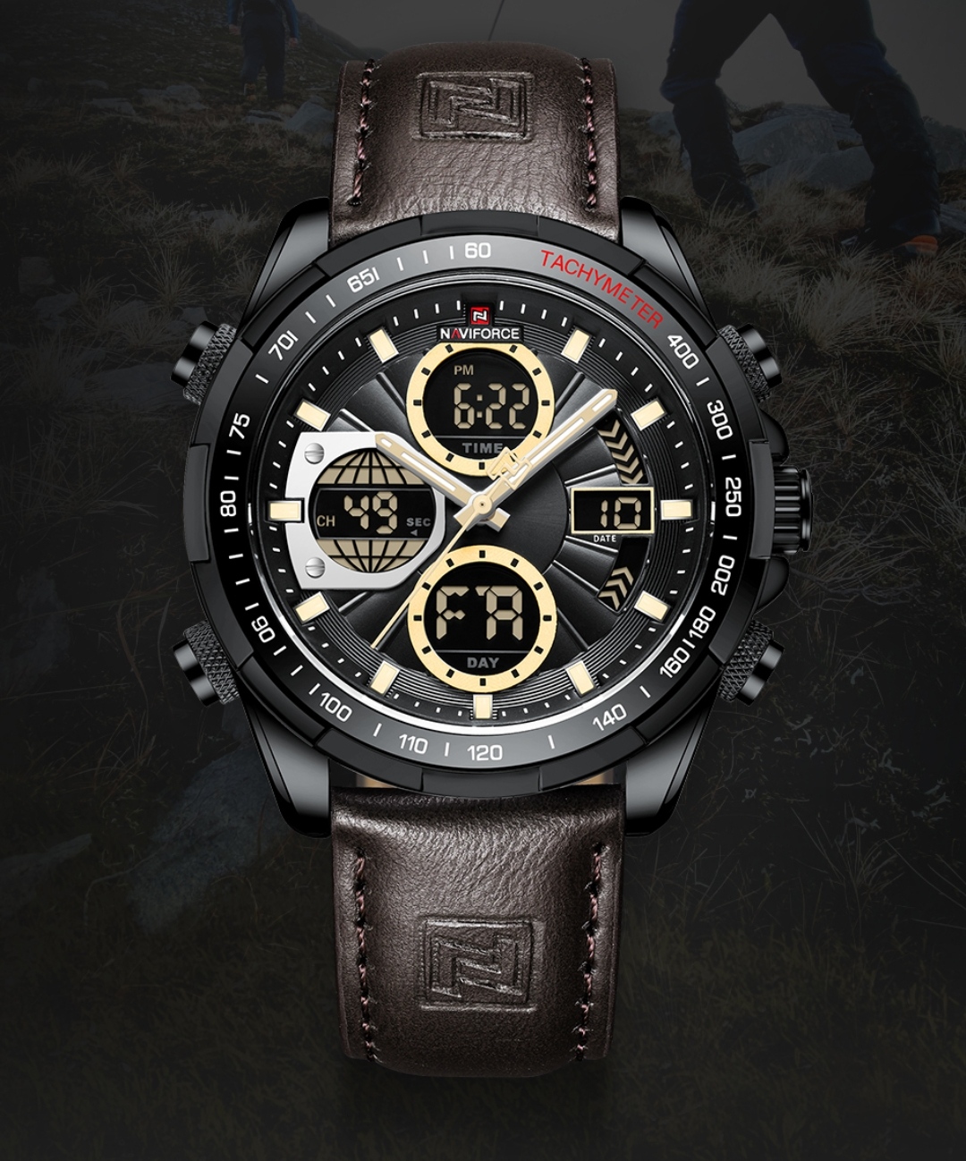 Naviforce 9197 Two Time Gents Belt Watch- Black Dial with Yellow Markings- Black Bezel- Chocolate Belt- TF Code NF817BM_img_1