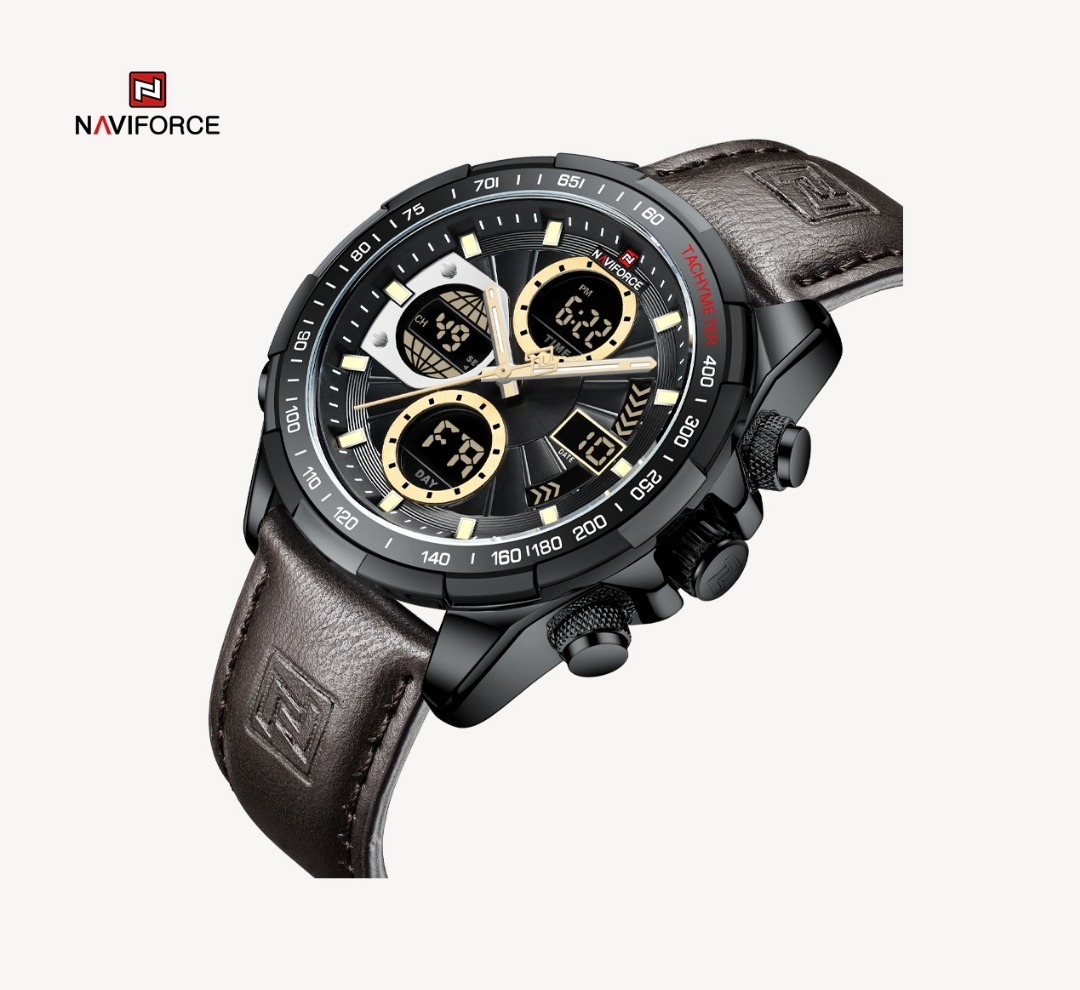 Naviforce 9197 Two Time Gents Belt Watch- Black Dial with Yellow Markings- Black Bezel- Chocolate Belt- TF Code NF817BM_img_2