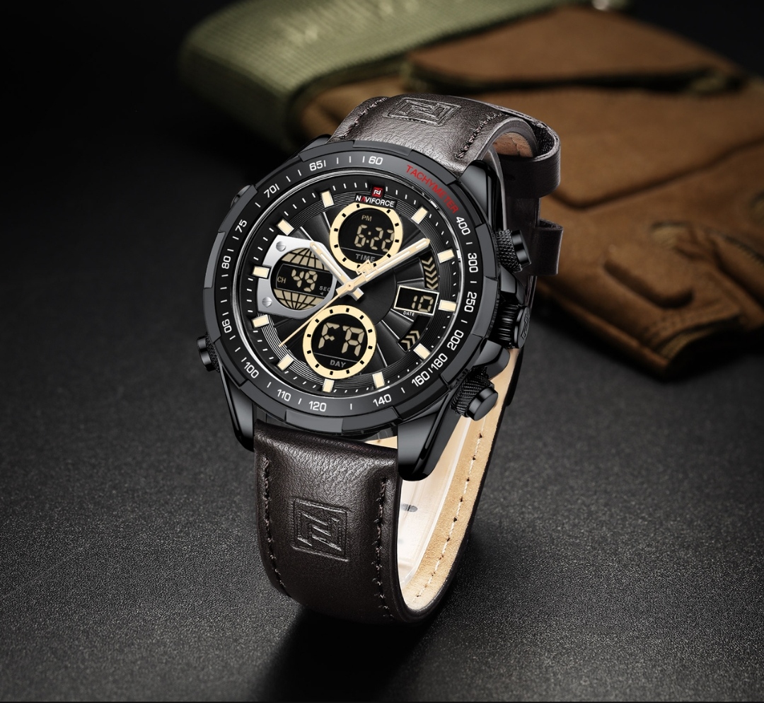 Naviforce 9197 Two Time Gents Belt Watch- Black Dial with Yellow Markings- Black Bezel- Chocolate Belt- TF Code NF817BM_img_3