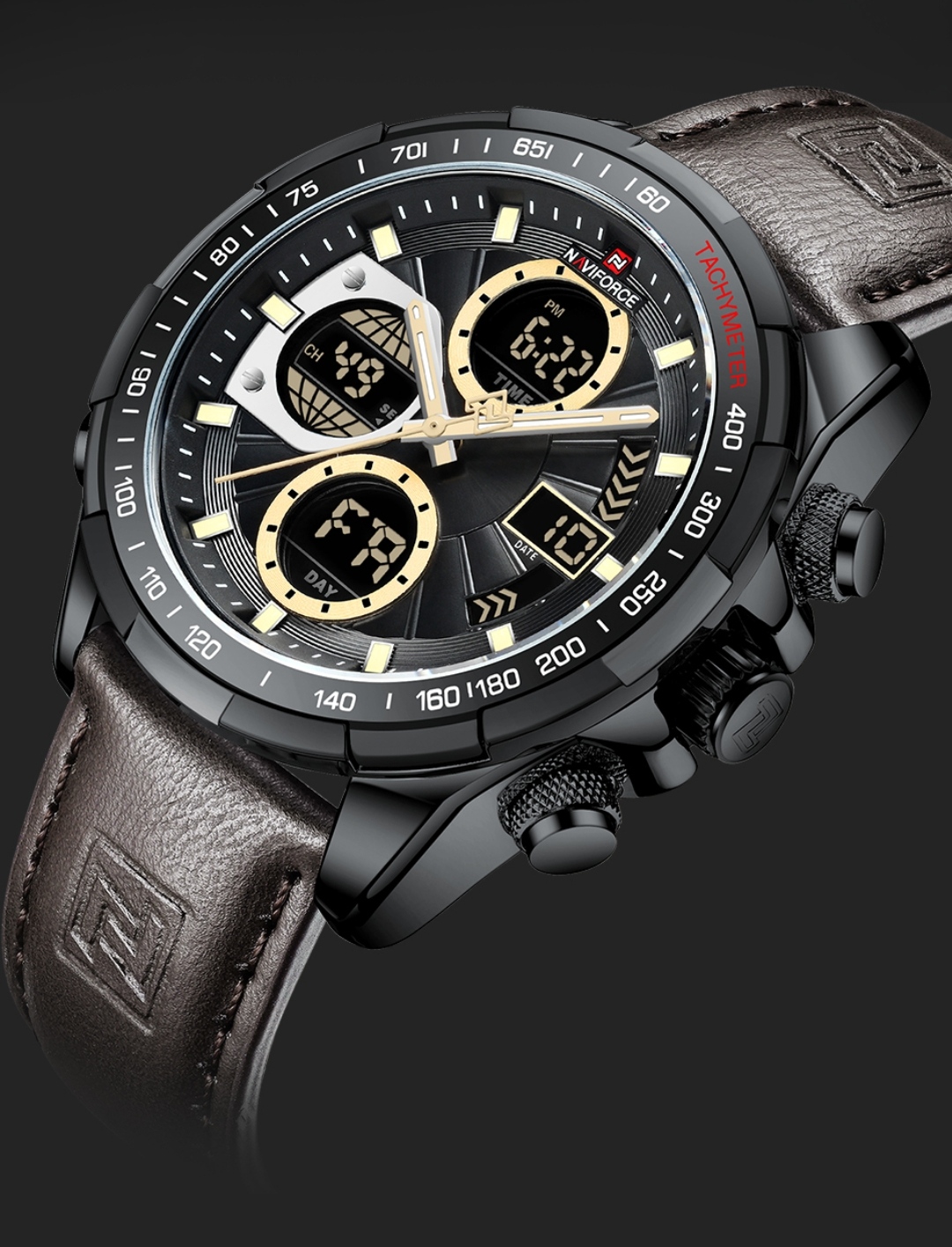 Naviforce 9197 Two Time Gents Belt Watch- Black Dial with Yellow Markings- Black Bezel- Chocolate Belt- TF Code NF817BM_img_4