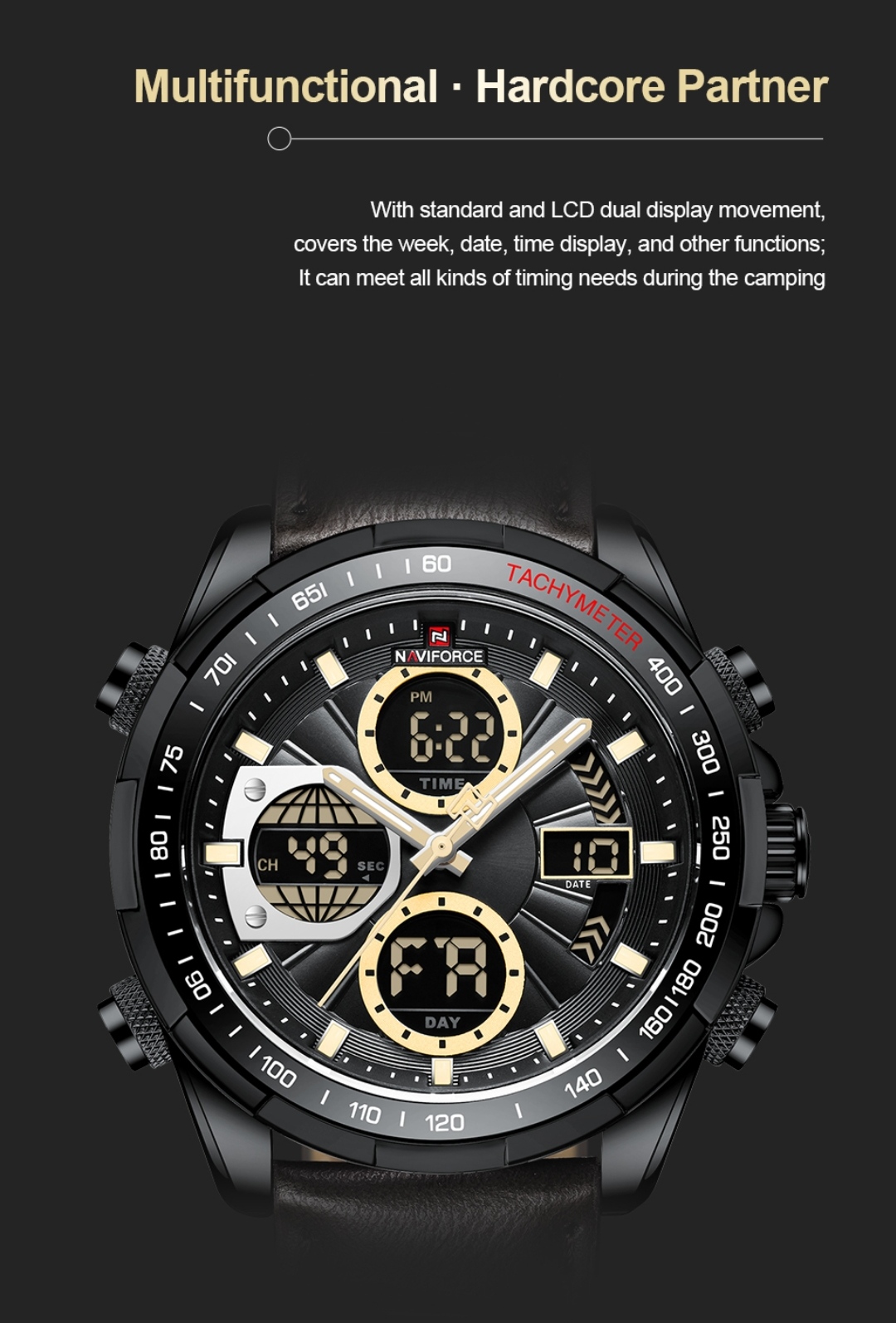 Naviforce 9197 Two Time Gents Belt Watch- Black Dial with Yellow Markings- Black Bezel- Chocolate Belt- TF Code NF817BM_img_5