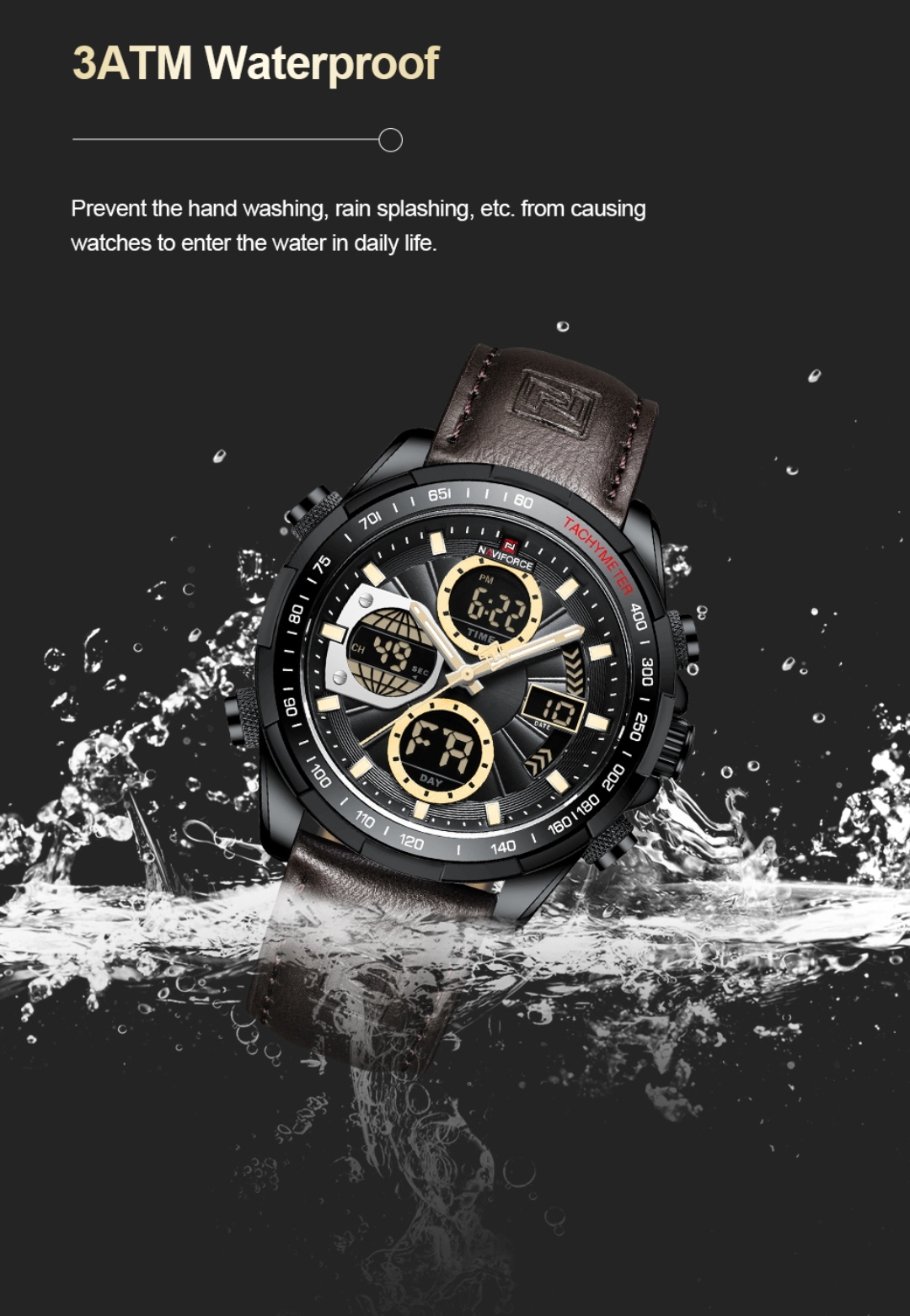 Naviforce 9197 Two Time Gents Belt Watch- Black Dial with Yellow Markings- Black Bezel- Chocolate Belt- TF Code NF817BM_img_8