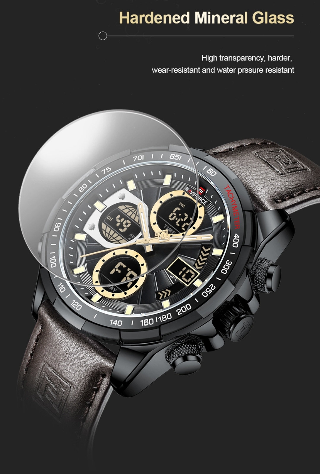 Naviforce 9197 Two Time Gents Belt Watch- Black Dial with Yellow Markings- Black Bezel- Chocolate Belt- TF Code NF817BM_img_9