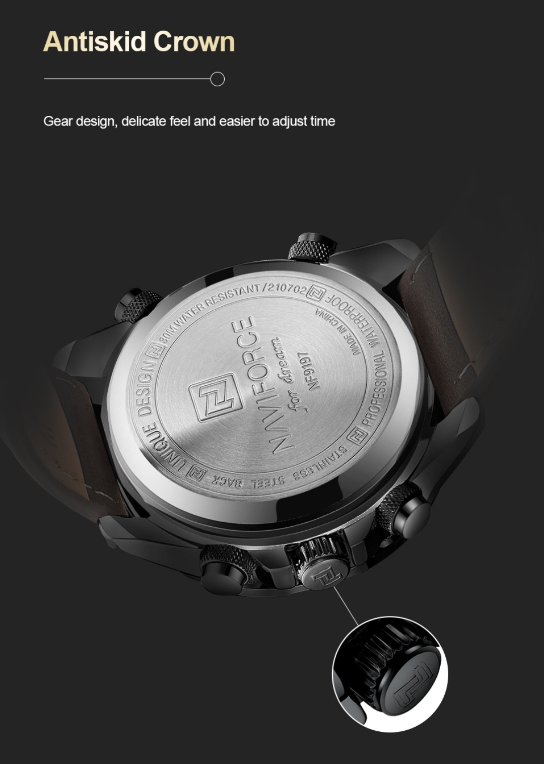 Naviforce 9197 Two Time Gents Belt Watch- Black Dial with Yellow Markings- Black Bezel- Chocolate Belt- TF Code NF817BM_img_10